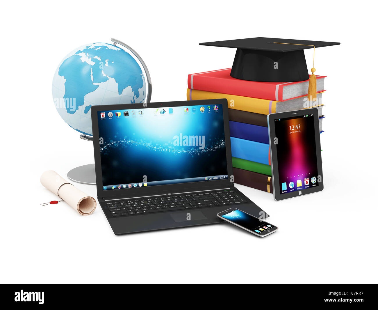 Elektronische Educational Technology oder E-Learning Konzept. Moderne elektronische Gadgets mit Schreibtisch Globus, Abschluss mit Diplom und Stapel von Büchern. (E Stockfoto