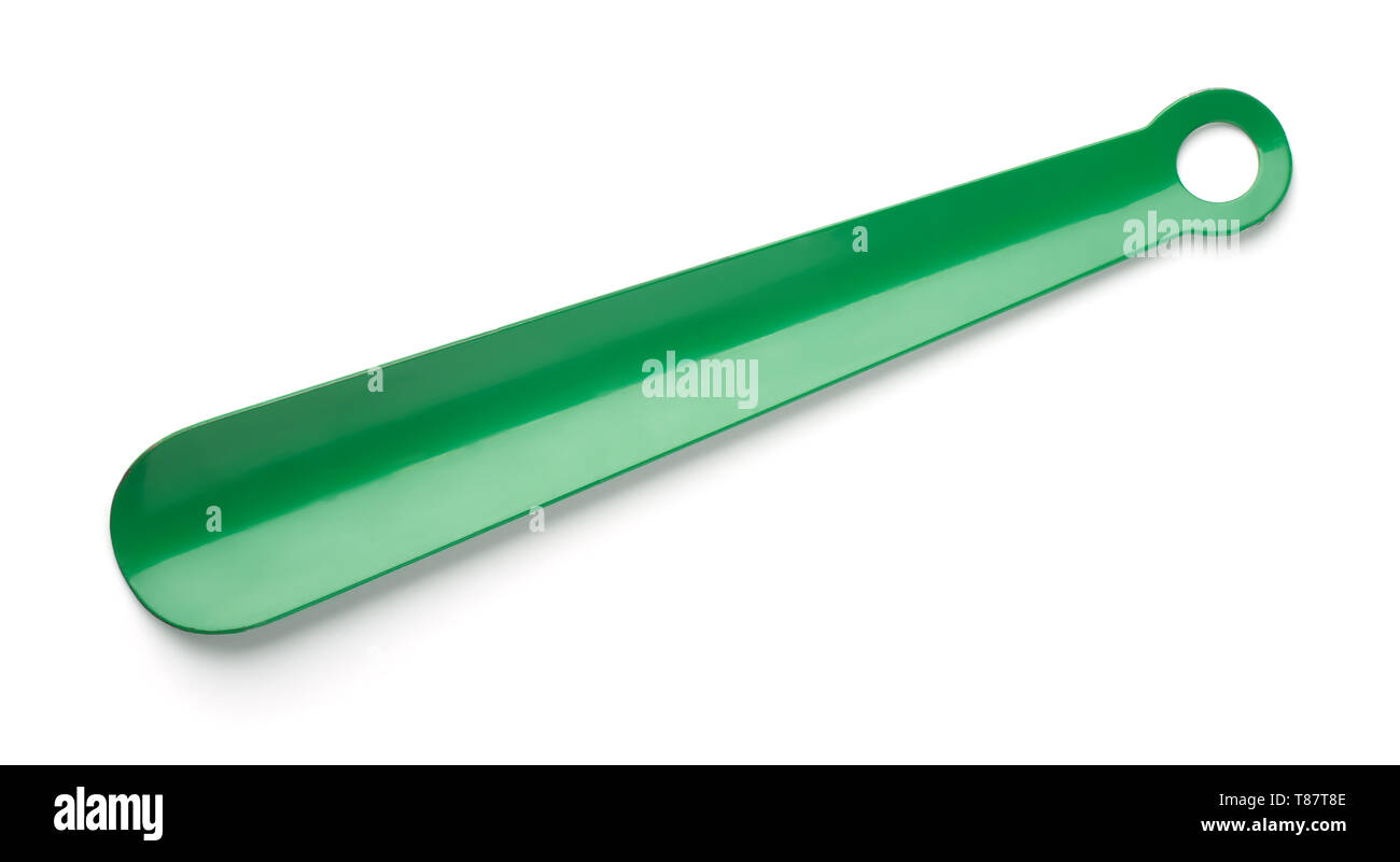 Ansicht von oben grün Metall Schuhlöffel isoliert auf weißem Stockfoto