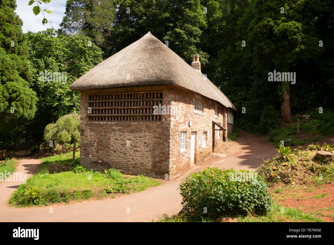 Reetgedeckte C 17 Landhaus aus Stein" wildhüter Cottage' im malerischen Dorf Cockington, Devon, England, UK. Holzlatten wurden für hängende Fasane Stockfoto