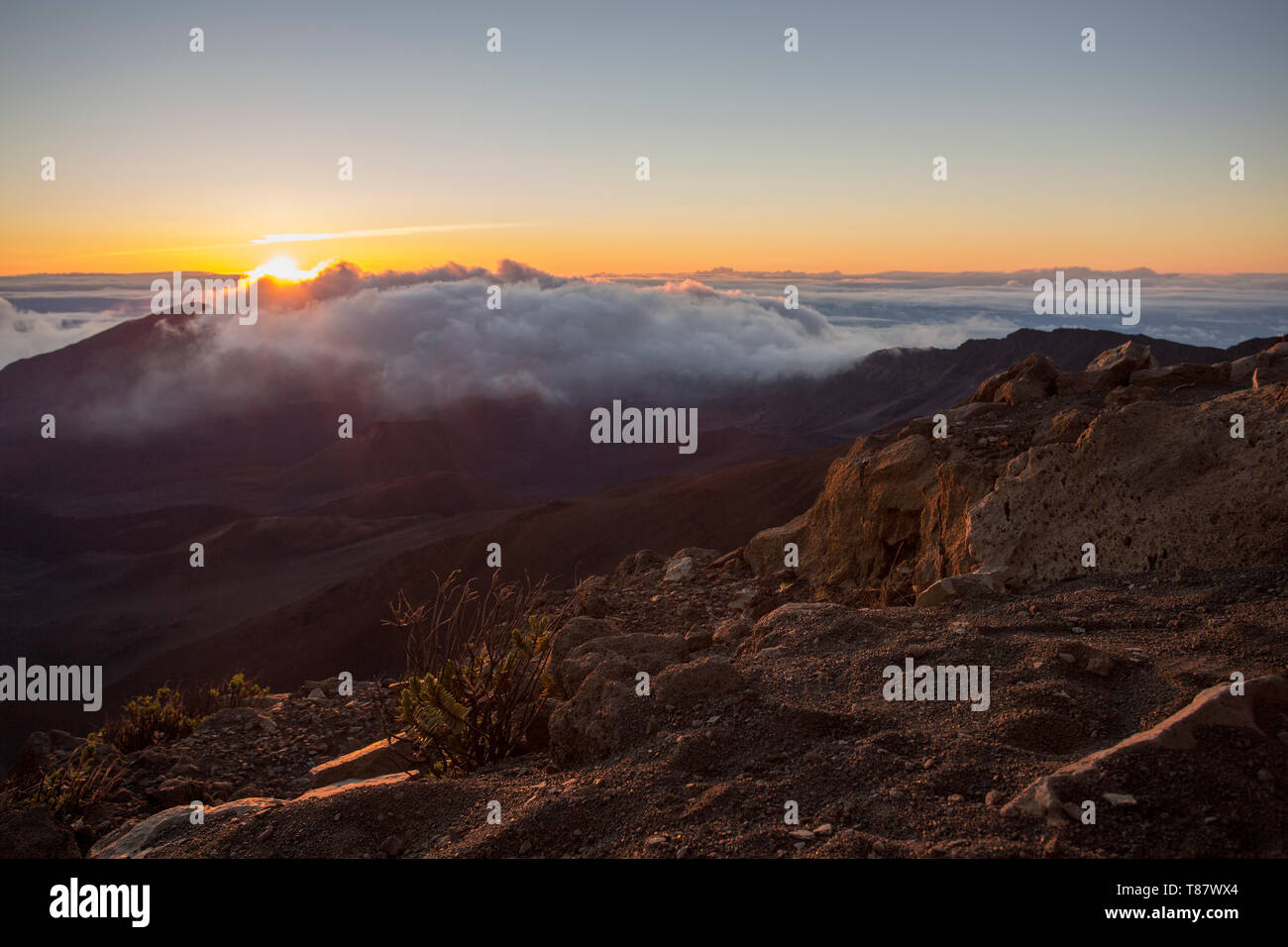 Sonnenaufgang an der Oberseite des Haleakala Vulkan - Maui, Hawaii Stockfoto