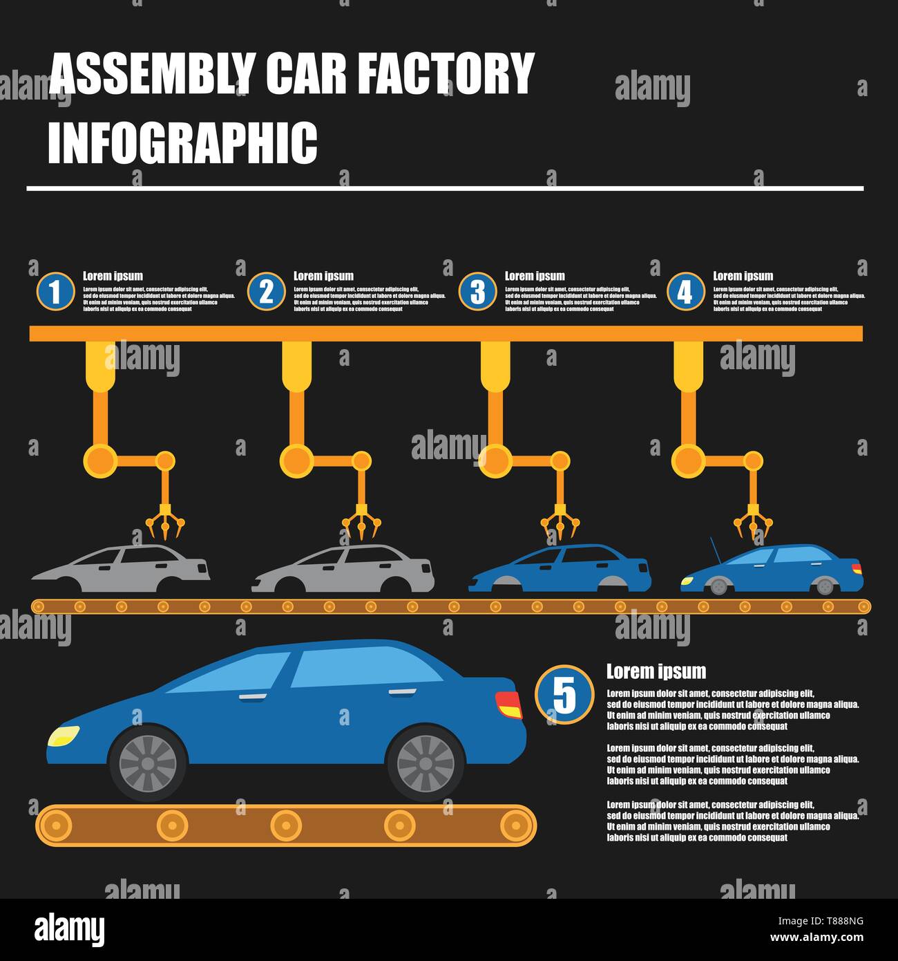 Montage Fahrzeug Infografik Montagelinie und Auto werkseitigen Fertigung Stock Vektor