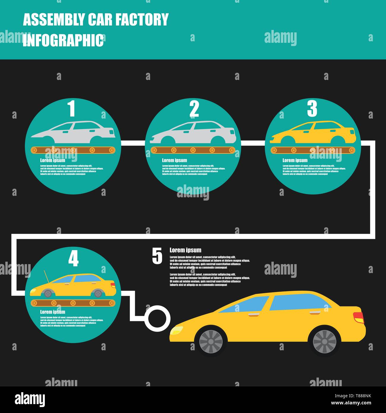 Montage Fahrzeug Infografik Montagelinie und Auto werkseitigen Fertigung Stock Vektor