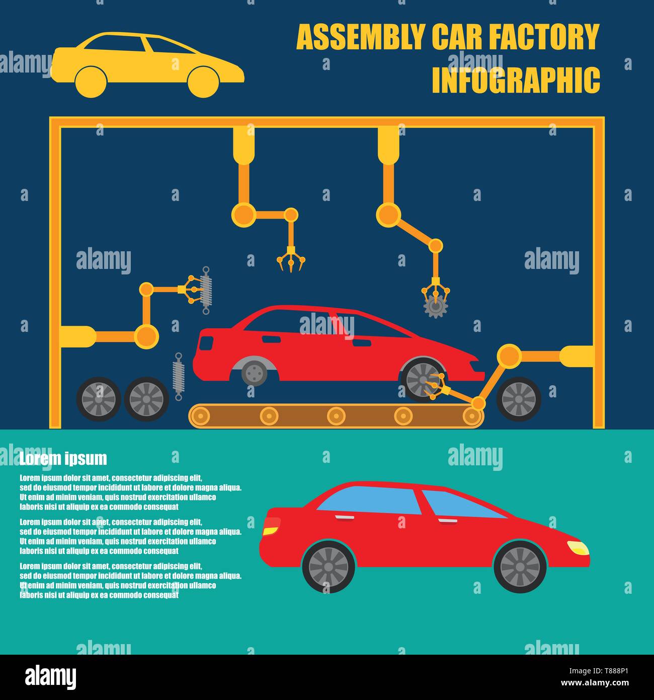Montage Fahrzeug Infografik Montagelinie und Auto werkseitigen Fertigung Stock Vektor