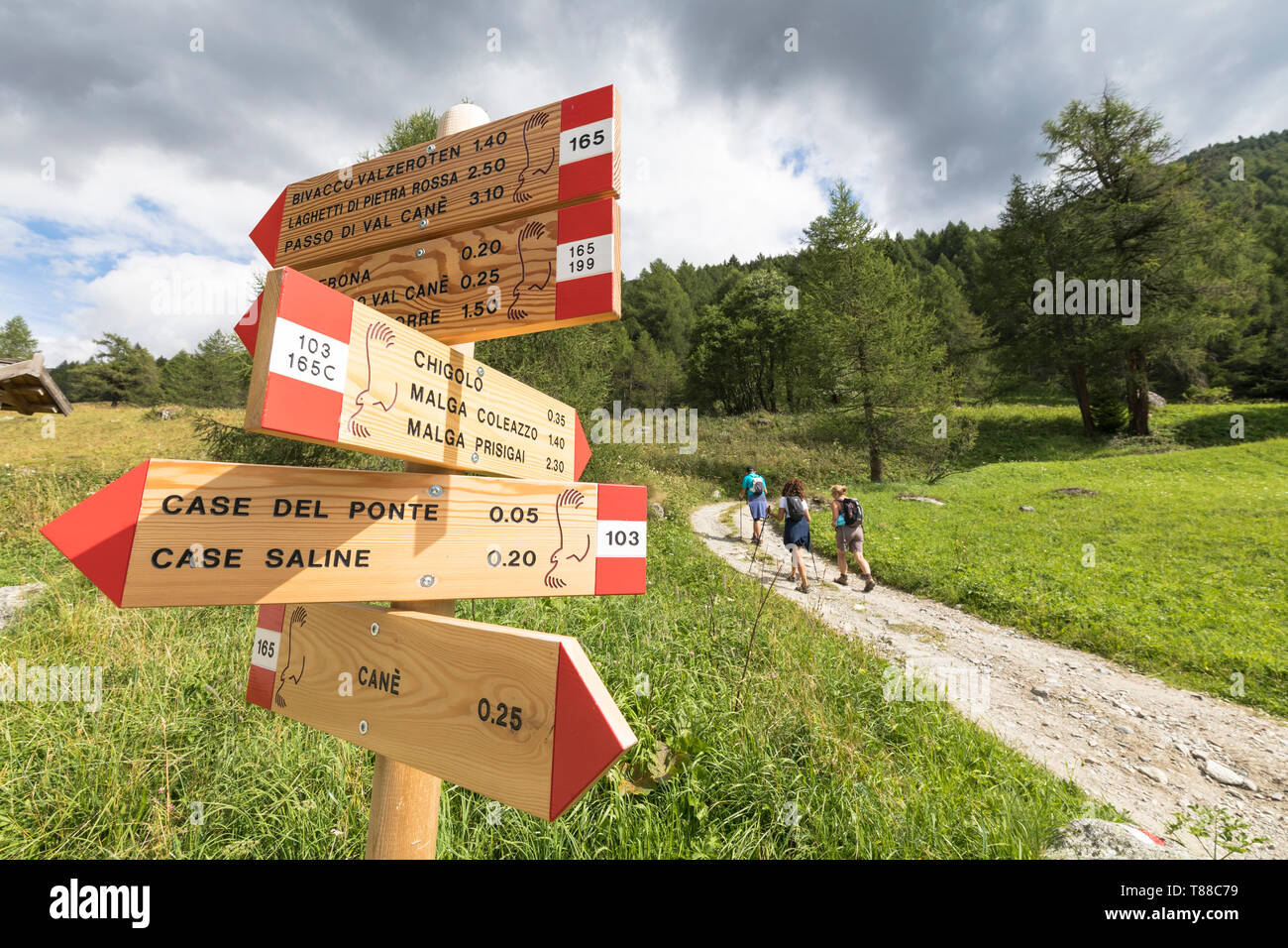 Wandern Beschilderung, Val Canè, Temù, Valcamonica, Provinz Brescia, Lombardei, Italien Stockfoto