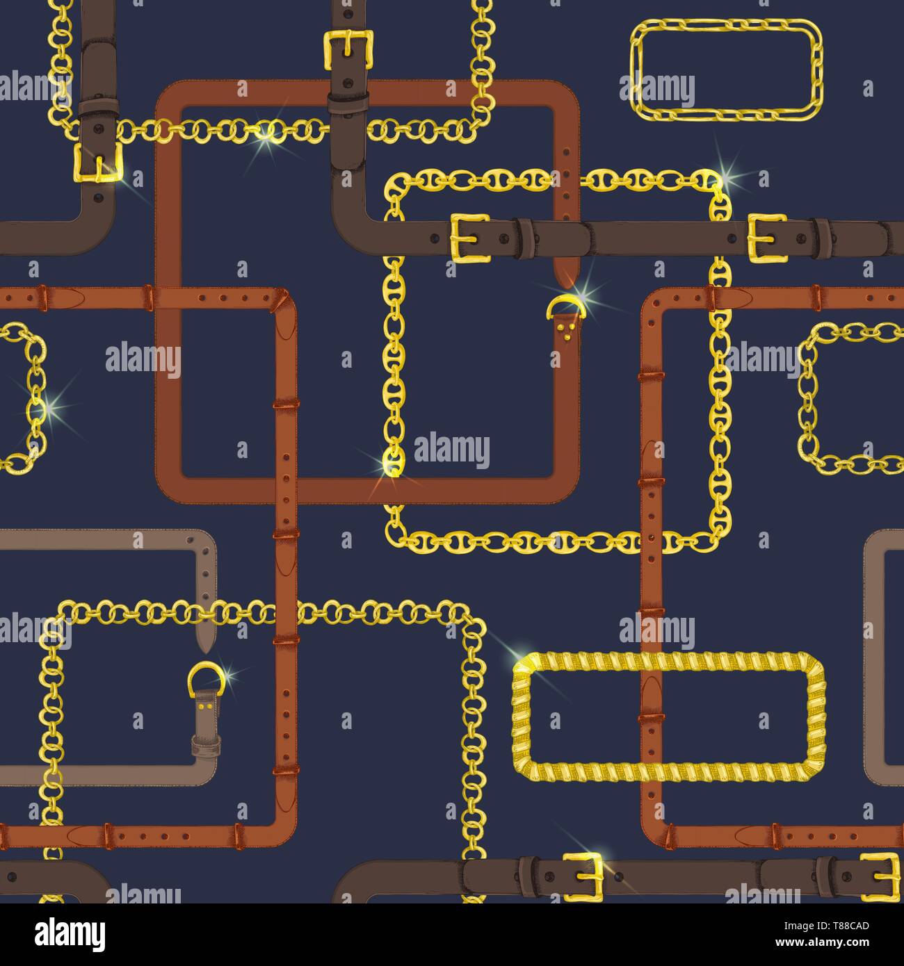 Nahtlose Muster mit realistischen Hand gezeichnet goldene Ketten und braunem Leder Gürtel Doodle Skizze auf dunkelblauem Hintergrund Stock Vektor