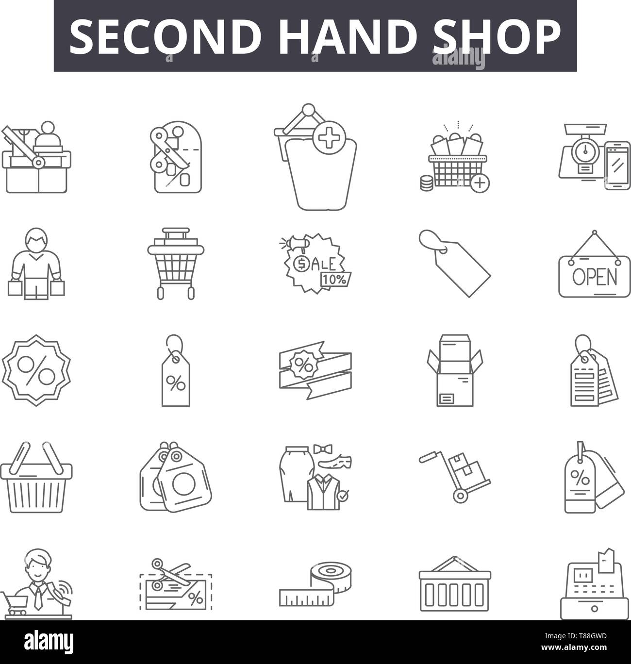 Second Hand shop Zeile für Symbole, Zeichen, Vektor, Entwurfskonzept, lineare Abbildung Stock Vektor