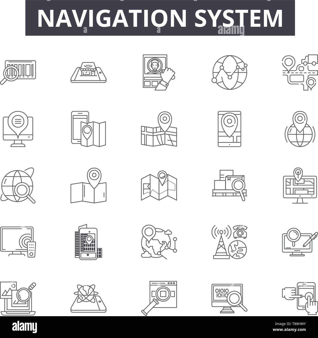 Suche, Erkennung, Navigationssystem Zeile für Symbole, Zeichen, Vektor, lineare Konzept, Entwurf Abbildung Stock Vektor