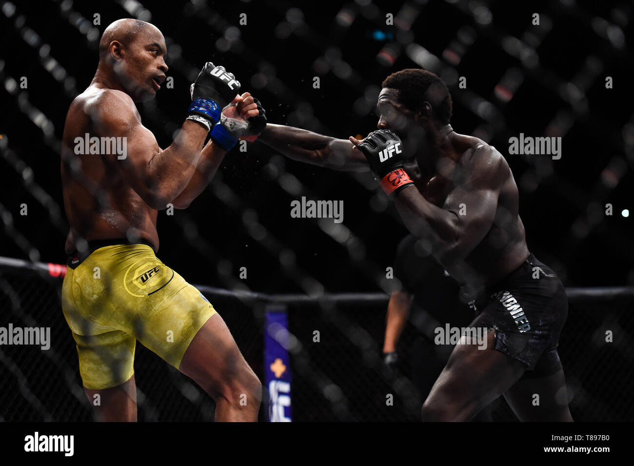 UFC 237: NAMAJUNAS gegen ANDRADE - Kämpfer Jared Cannonier (rot Handschuh) und Anderson Silva (blau Handschuh) während der UFC 237 Hauptkarte Kampf an Jeunesse Arena, Rio de Janeiro. Januar. Foto: Thiago Ribeiro/AGIF Stockfoto