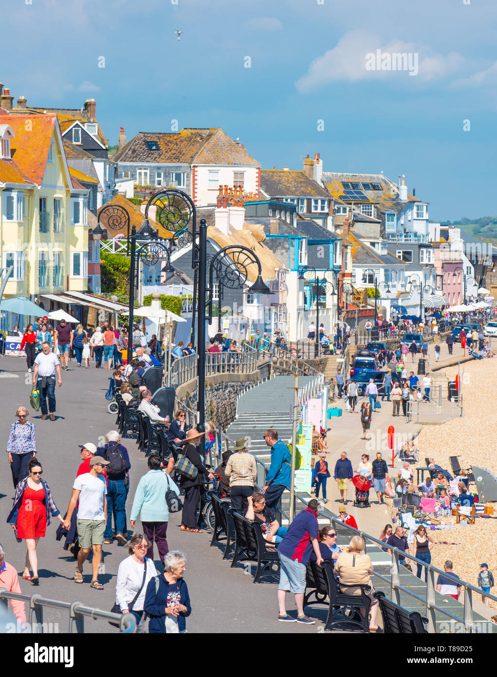 Lyme Regis, Dorset, Großbritannien. 12. Mai 2019. UK Wetter: Der Strand in Lyme Regis war ungewöhnlich besetzt am Sonntag Nachmittag als Besucher genossen die warme Sonne und blauen Himmel. Die Temperaturen sind mit Höhen von 25 Grad Celsius Prognose für die kommende Woche zu erheben. Credit: Celia McMahon/Alamy Leben Nachrichten. Stockfoto