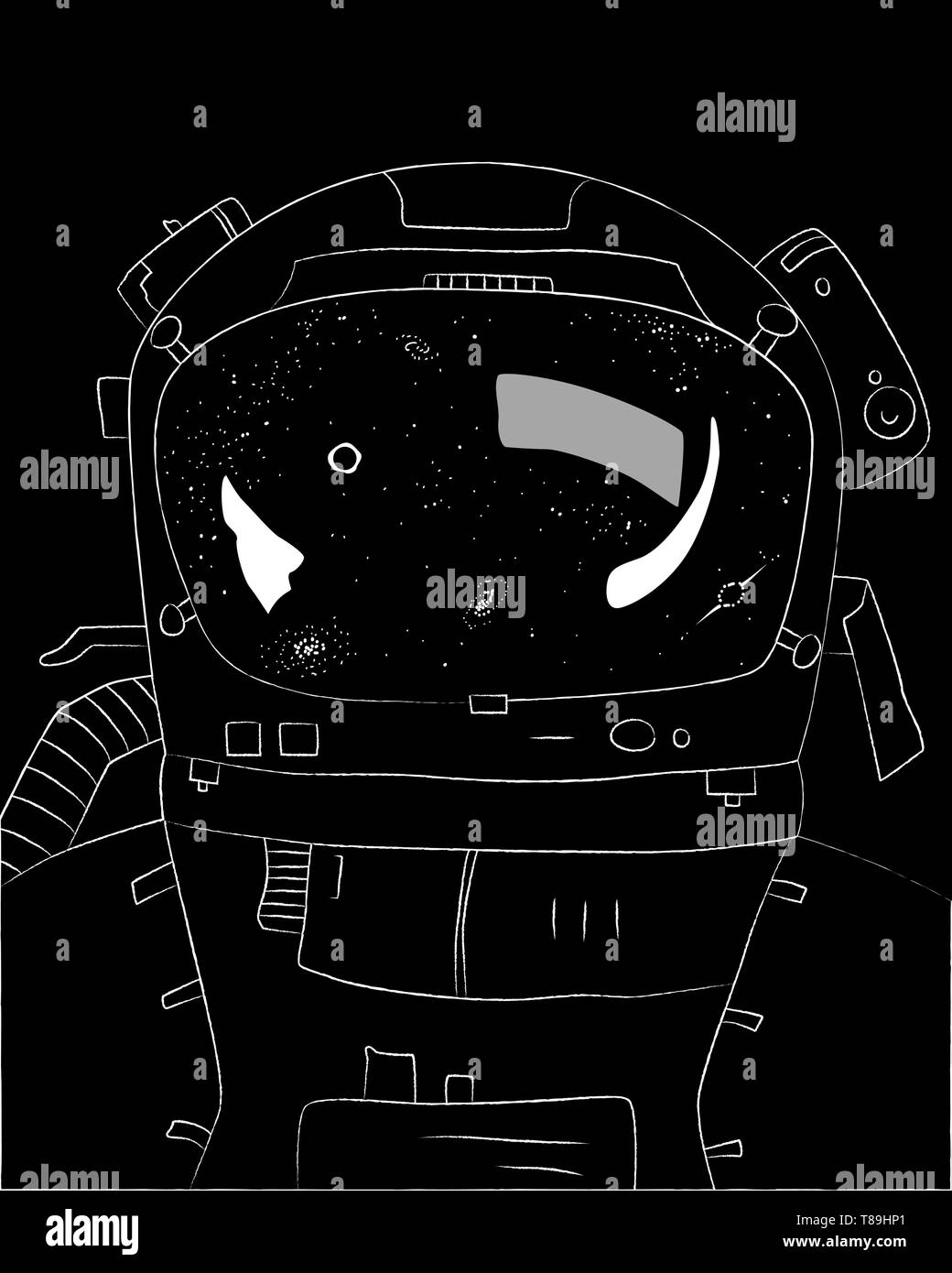 Astronaut auf schwarzem Hintergrund, Sterne und Galaxien in Reflexion, Vektor, Abbildung Stock Vektor