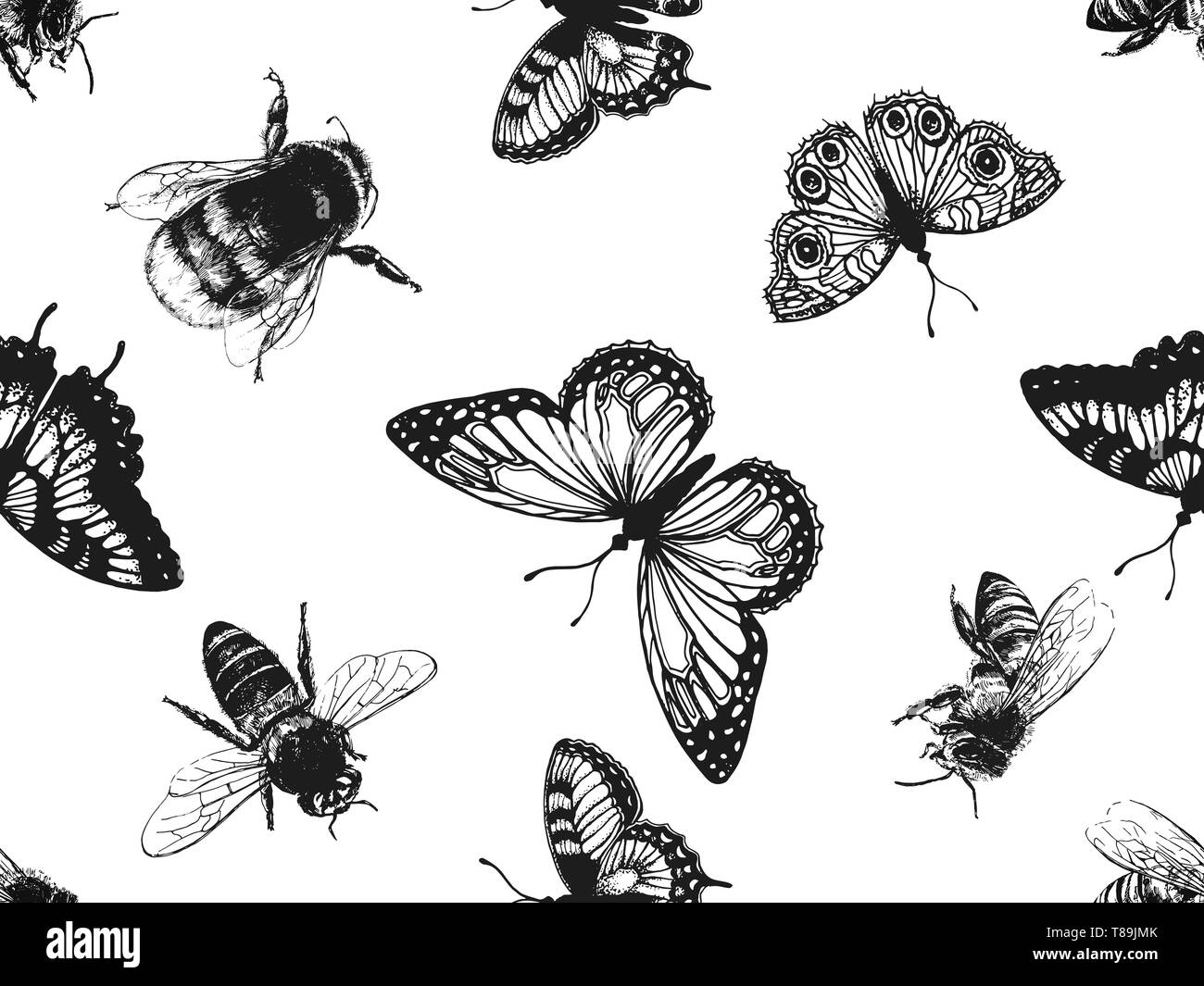 Nahtlose Muster von Hand gezeichnete Skizze stil Insekten und Blumen auf weißem Hintergrund. Vector Illustration. Stock Vektor