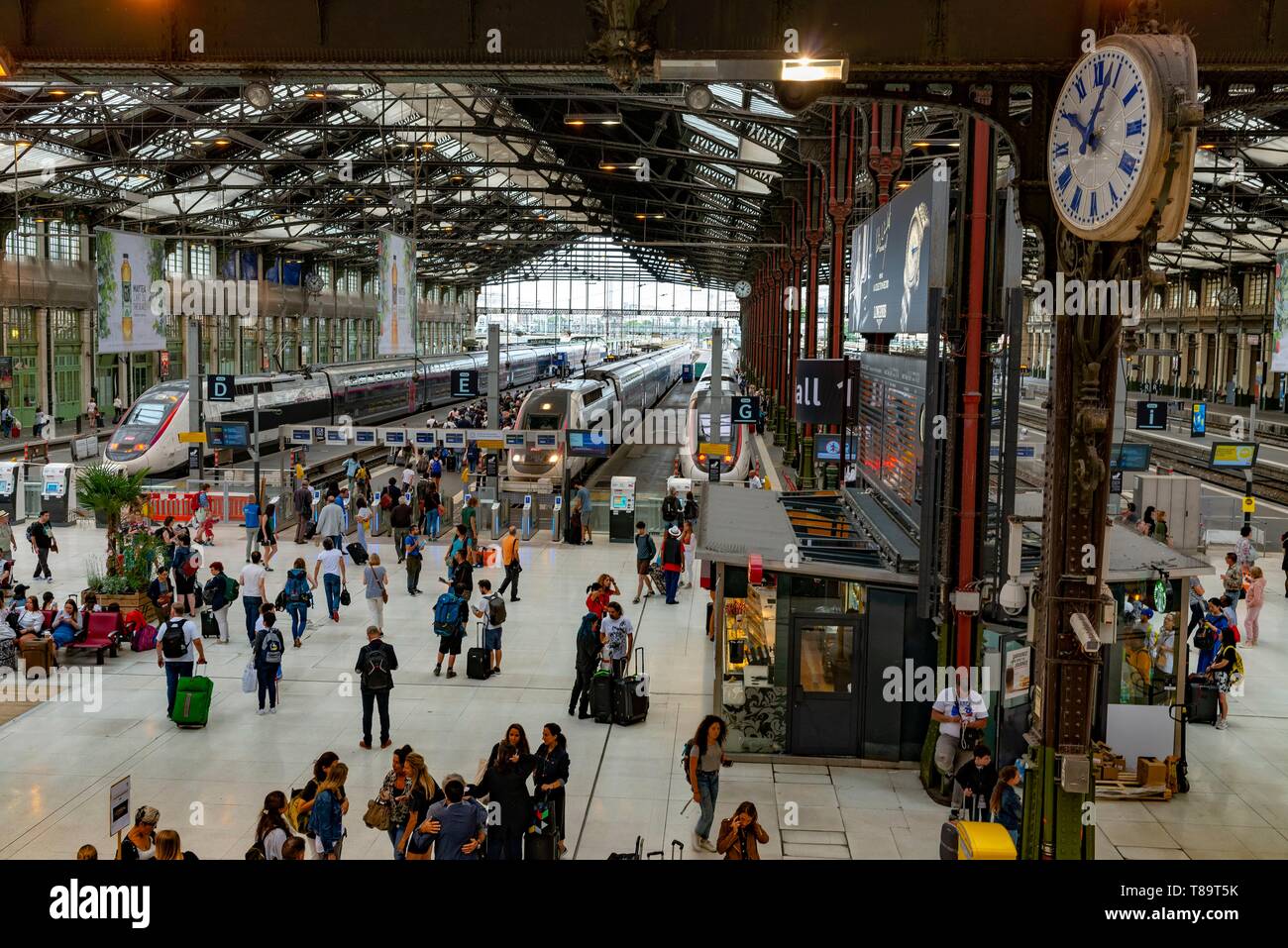 Frankreich, Paris, Bahnhof von Lyon, geht und kommt aus Reisende in einer Bahnhofshalle Stockfoto