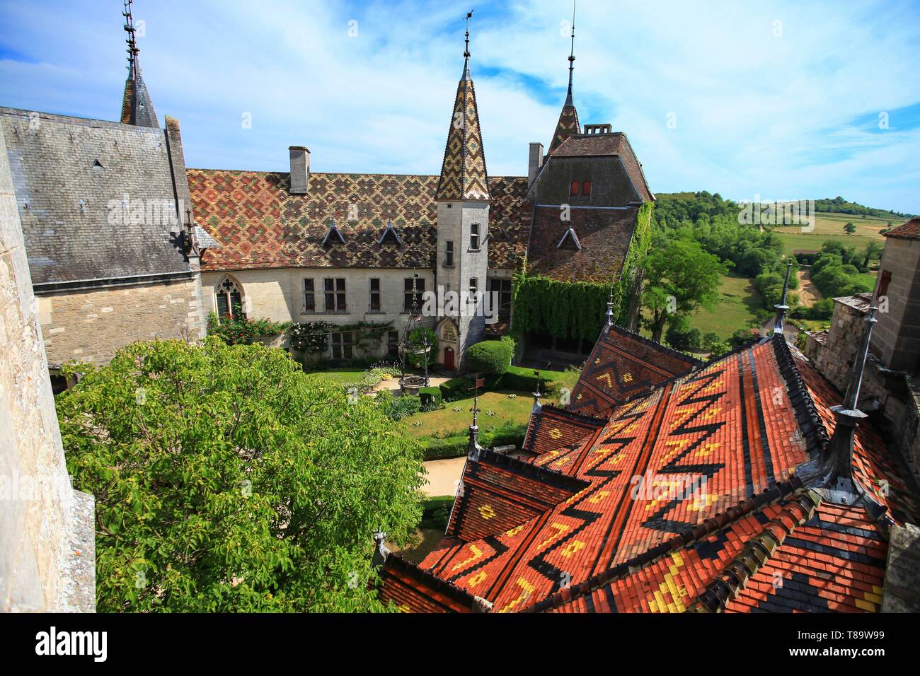 Frankreich, Cote d'Or, La Rochepot, La Rochepot schloss, die verglaste Dächer auf den Innenhof Stockfoto