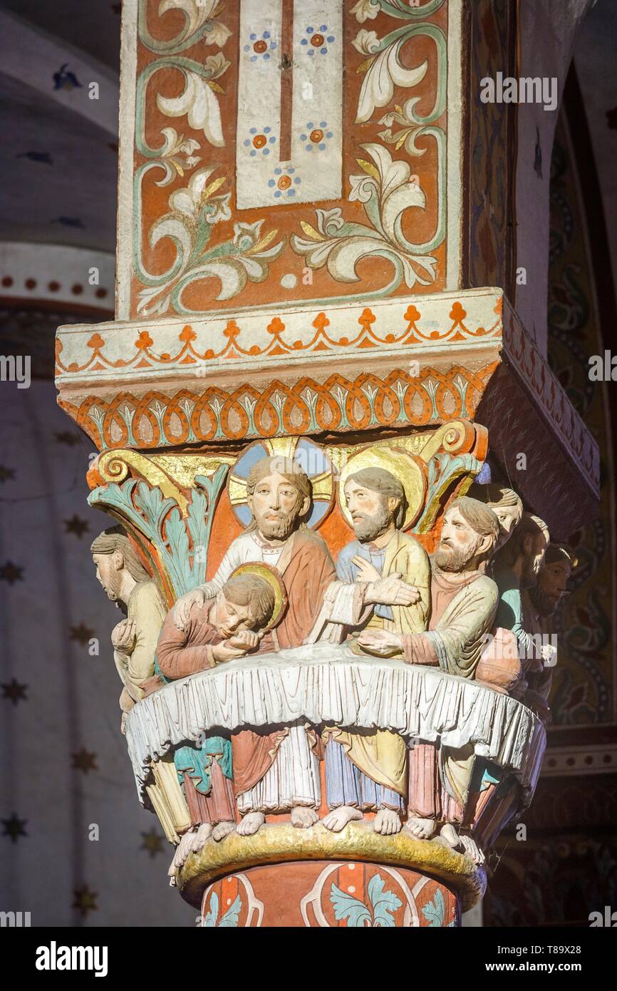 Frankreich, Puy de Dome, Issoire, römischen Abtei Saint Austremoine aus dem zwölften Jahrhundert, Kapital, das Letzte Abendmahl, wo Christus selbst, der in der himmlischen Speise zu Männern Stockfoto