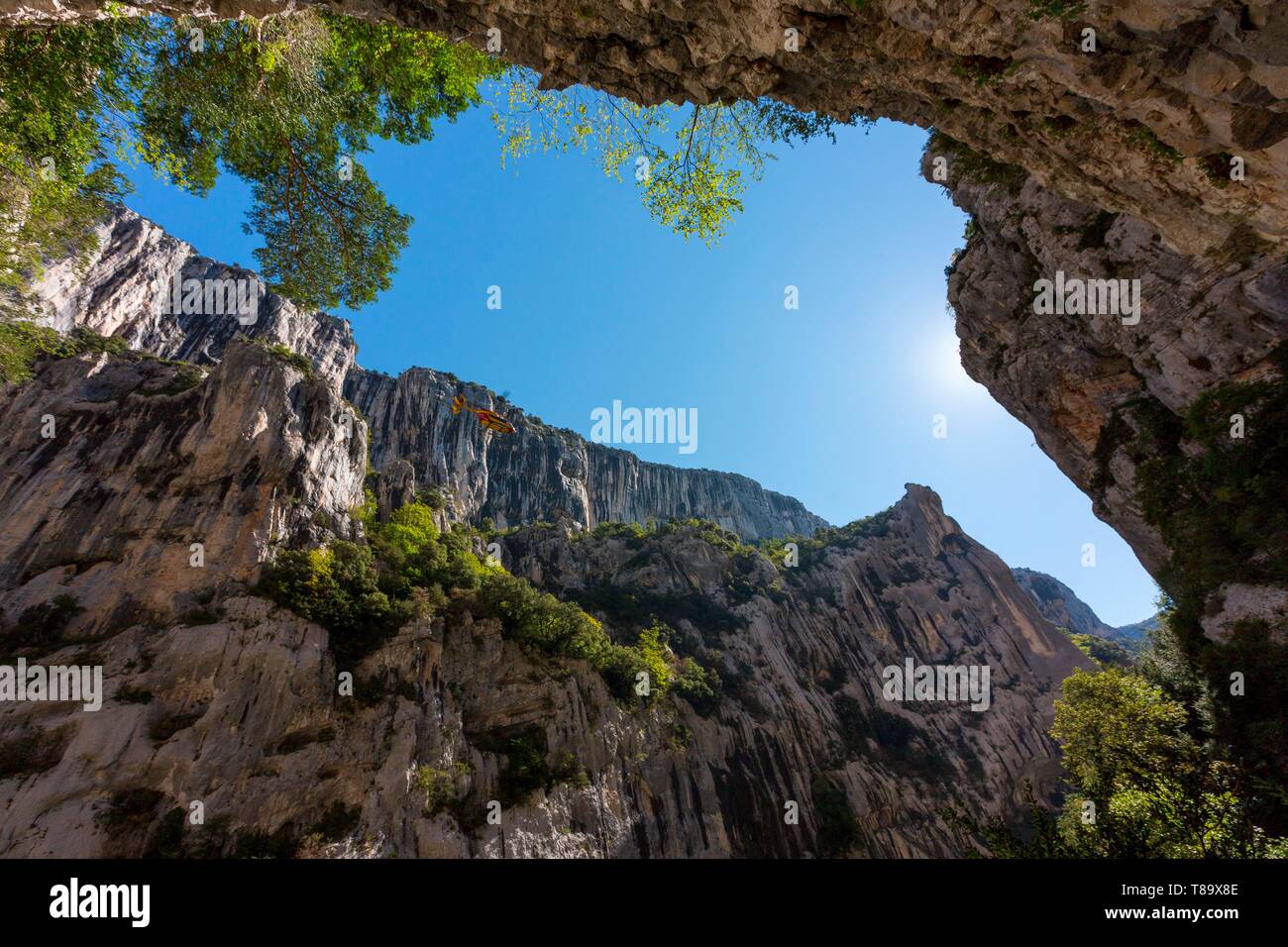 Frankreich, Alpes-de-Haute-Provence, Regionaler Naturpark Verdon, Grand Canyon du Verdon, dem Fluss Verdon am Eingang des Samson Korridor, von der Blanc-Martel trail auf dem GR4, Rettungshubschrauber Stockfoto