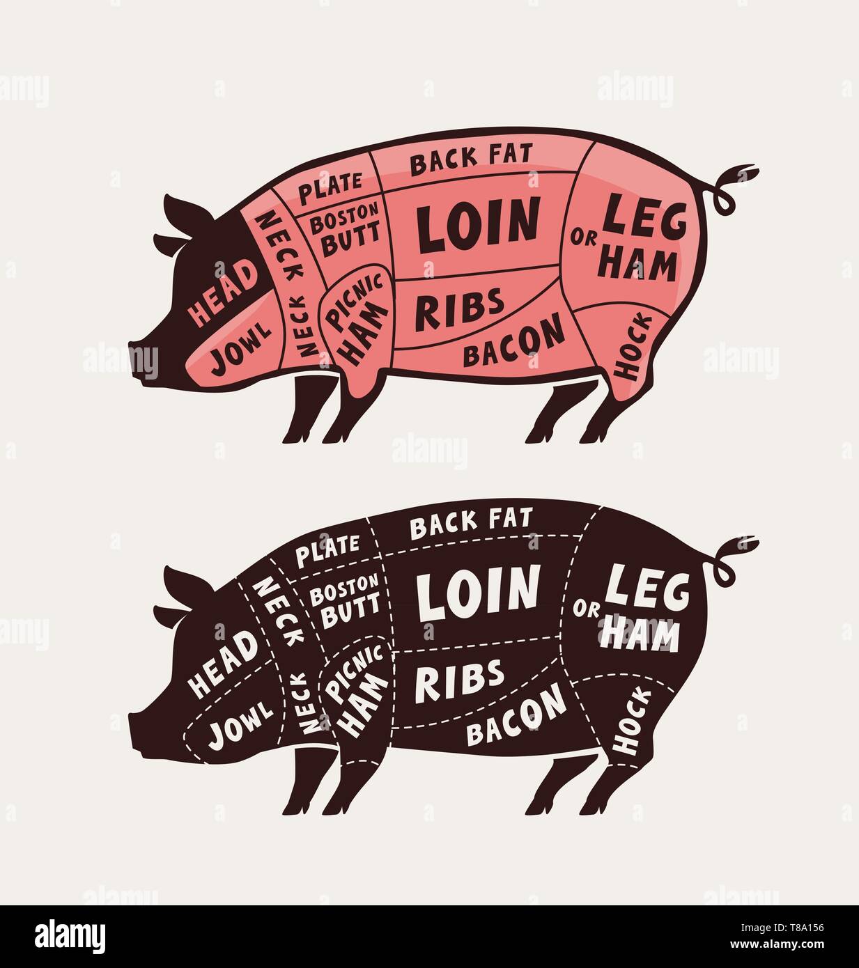Schneiden von fleisch, Schweinefleisch. Plakat Metzger Diagramm und Scheme. Schwein Vector Illustration Stock Vektor
