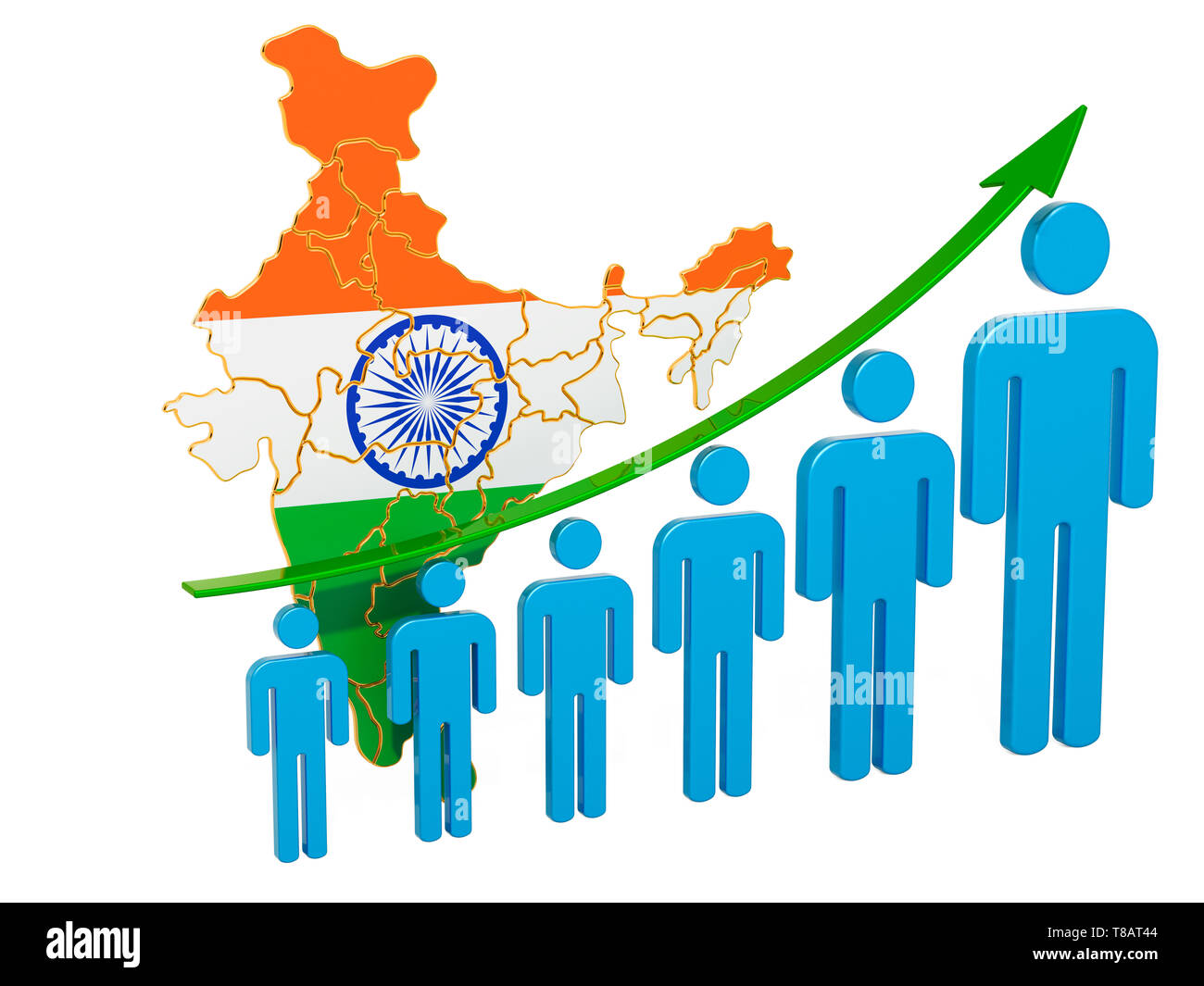 Bewertung der Beschäftigung und der Arbeitslosigkeit oder Mortalität und Fertilität in Indien, Konzept. 3D-Rendering auf weißem Hintergrund Stockfoto
