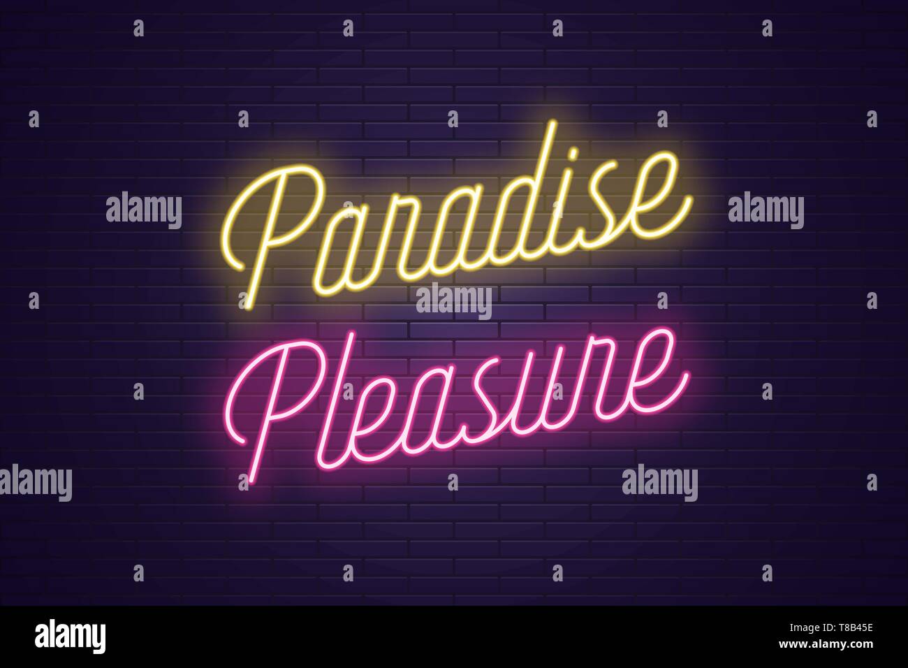 Neon-Schriftzug des Paradieses Vergnügen. Glühende Schlagzeile, helles Neon kursiver Text von Paradies Vergnügen. Titel Vorlage für Web Banner und Poster. Gelb Stock Vektor Neon-Schriftzug des Paradieses Vergnügen. Glühende Schlagzeile, helles Neon kursiver Text von Paradies Vergnügen. Titel Vorlage für Web Banner und Poster. Gelb Stock Vektor