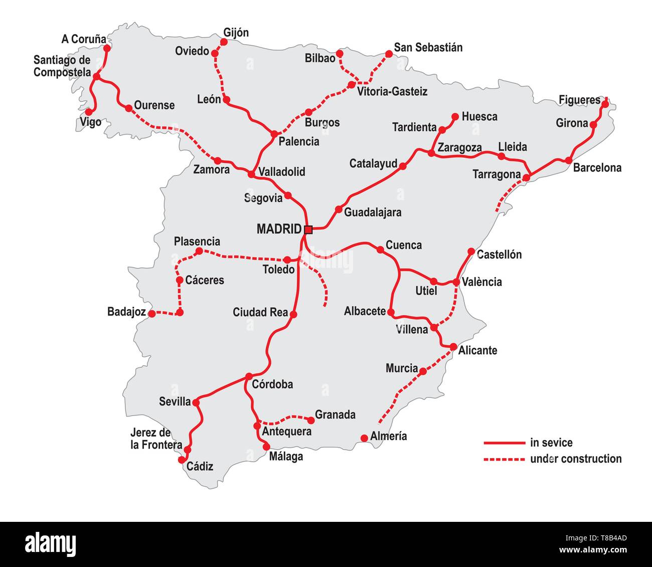 Karte von der hohen Geschwindigkeit Eisenbahnlinien in Spanien Stock Vektor