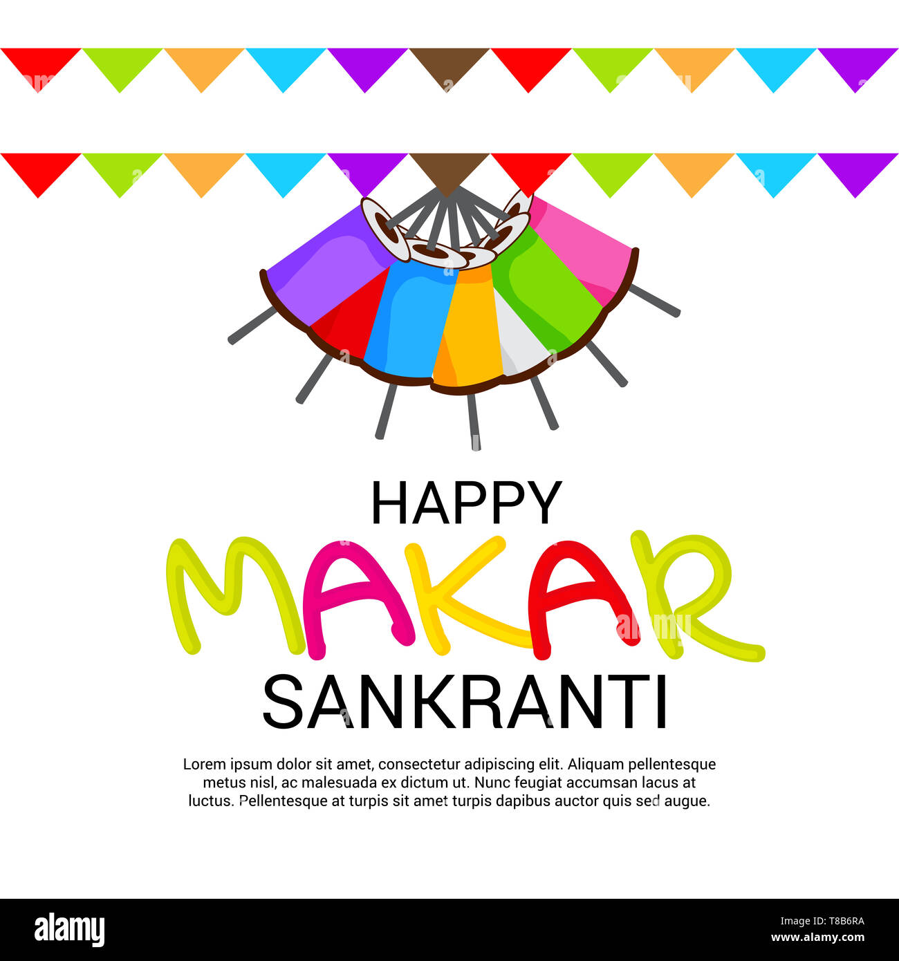 Vector Illustration eines Hintergrund für Traditionelle indische Fest feiern Makar Sankranti mit bunten Drachen. Stockfoto