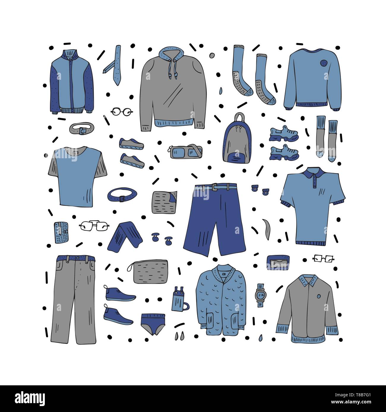 Vektor-Konzept mit Männer Bekleidung und Accessoires in Doodle style Set. Sammlung der männlichen Kleidung, Schuhe isoliert auf weißem Hintergrund. Stock Vektor