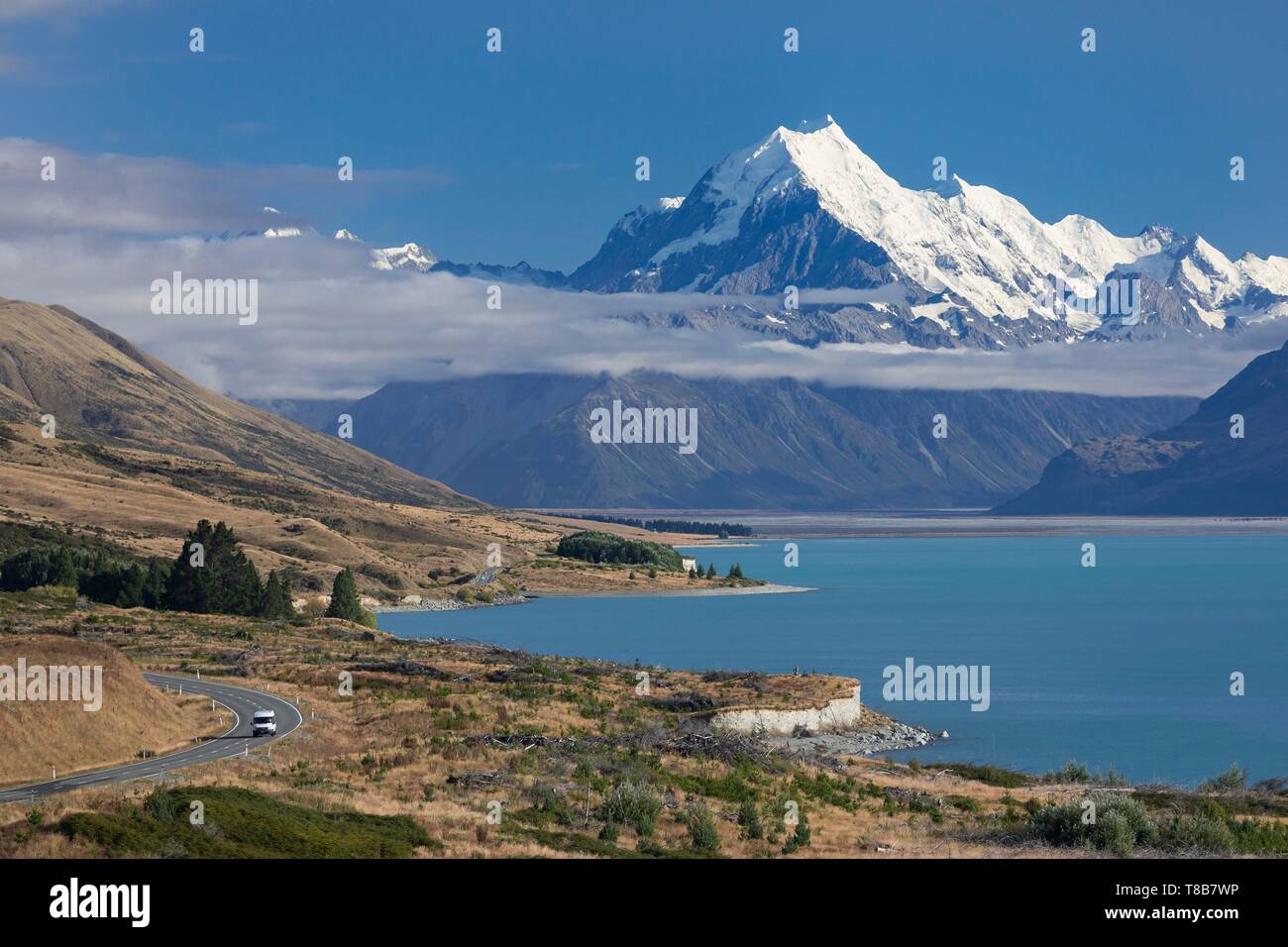 Neuseeland, Südinsel, Region Canterbury, Aoraki Mount Cook, 3724 m, mit der Aufschrift Unesco Weltkulturerbe und Pukaki See, Aoraki Mount Cook Park Stockfoto