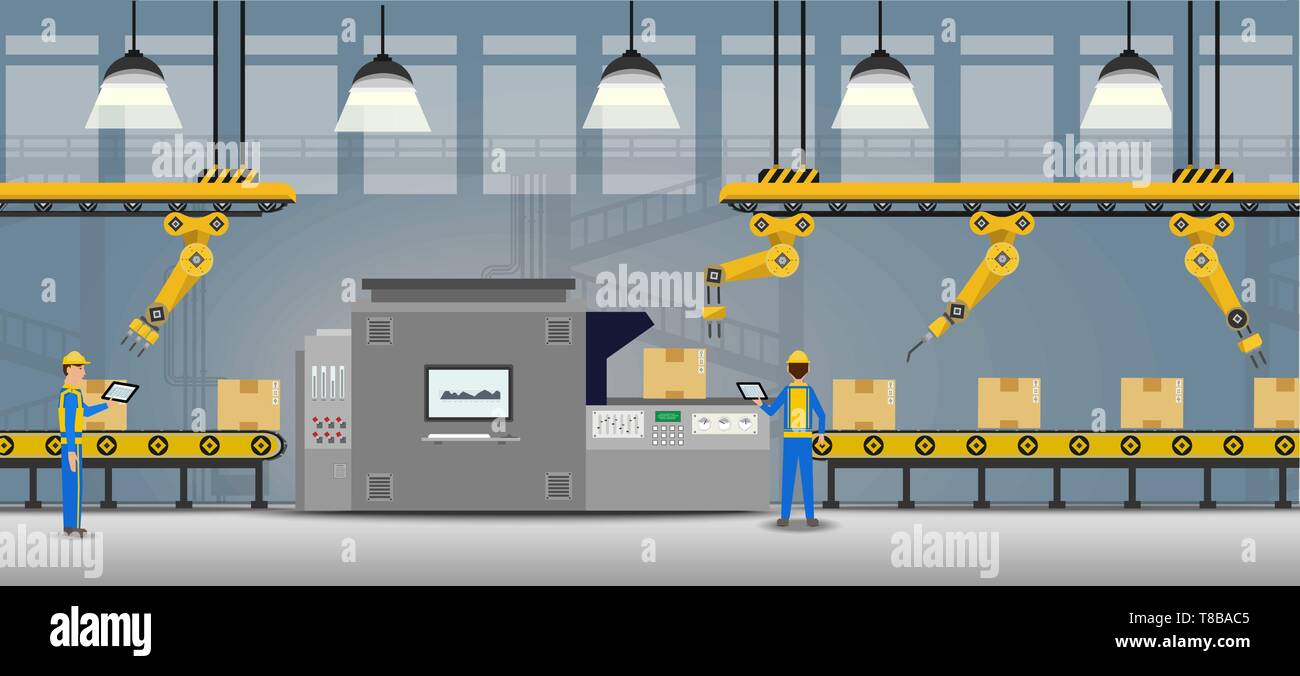 Automation factory Konzept mit Mann Steuerung Roboter Arme arbeiten Design Vector Illustration Stock Vektor