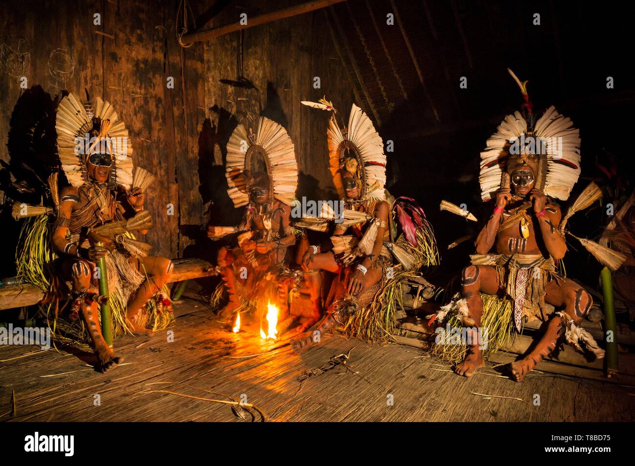 Papua-neuguinea, Southern Highlands Provinz, Bosavi, Sugu Kaluli Stamm, Dorf, kaluli Tänzer mit traditionellen Kleid Stockfoto