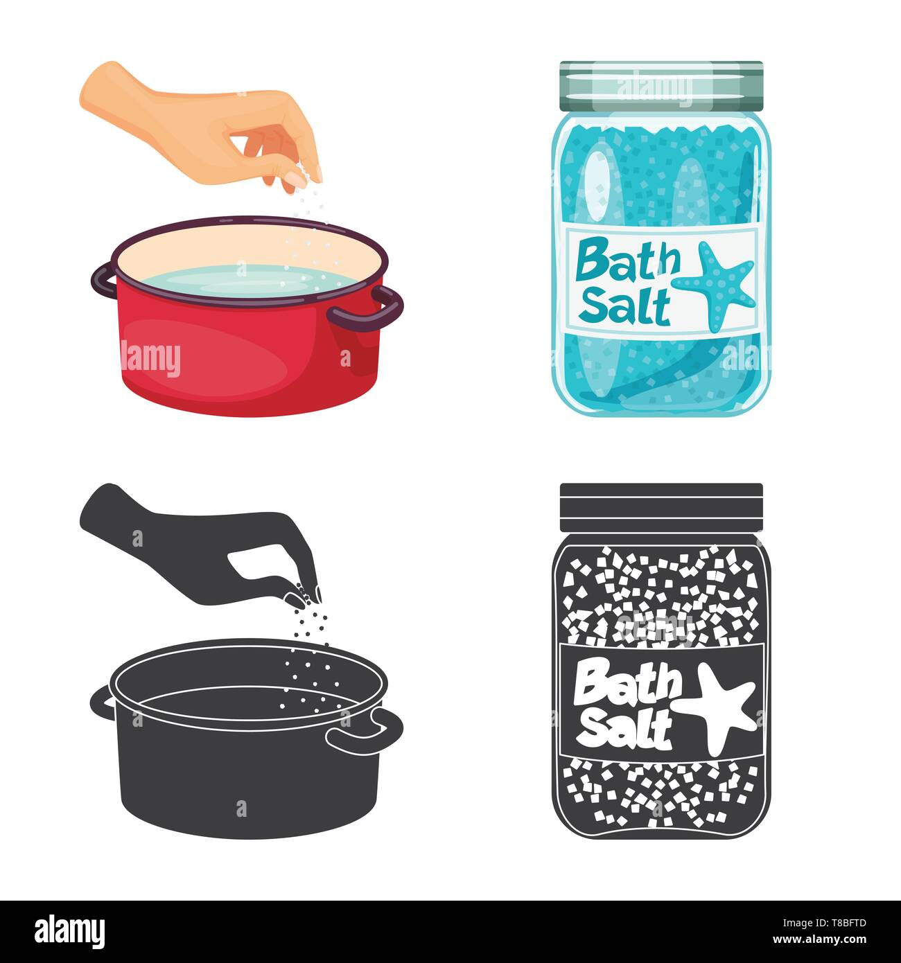 Kasserolle, Flasche, Wasser, salzig, Badewanne, arm, Spa, Gewürze, Vintage, Streuen, Pulver, weiß, Mehl, Container, Reinigen, Kochen, Meer, Natur, Backen, Salz, Nahrungsmittel-, Natrium-, Mineral, Raw, Küche, Set, Vector, Icon, Illustration, isoliert, Sammlung, Design, Element, Grafik, Zeichen, Vektor, Vektoren, Stock Vektor