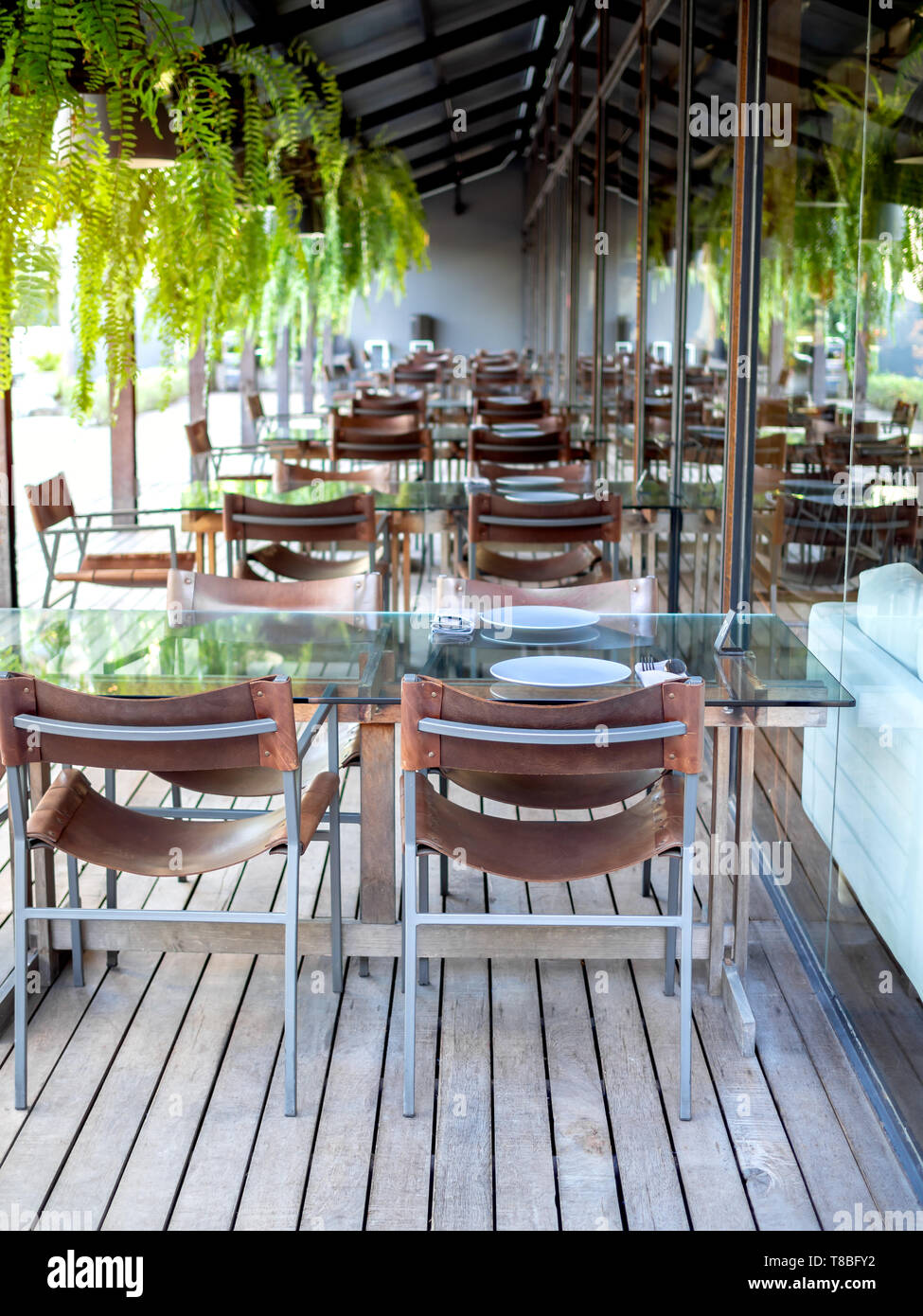 Stuhlen Und Esstisch Glas Tabellen Auf Holzboden Mit Hangenden Farn Pflanzen Dekoration Vertikale Stil Restaurant Interior Konzept Stockfotografie Alamy