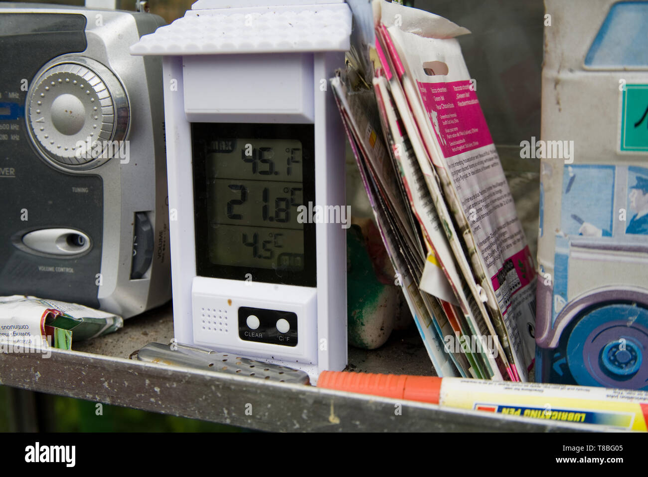 Nahaufnahme eines Gewächshauses minimum und maximum Thermometer Stockfoto