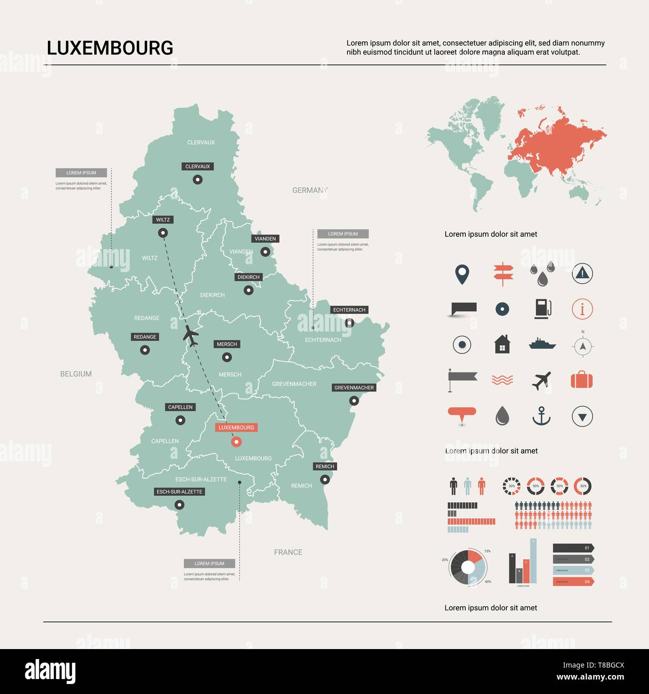 Vektorkarte von Luxemburg. Land Karte mit Division, Städte und Kapital. Politische Landkarte, Weltkarte, infografik Elemente. Stock Vektor