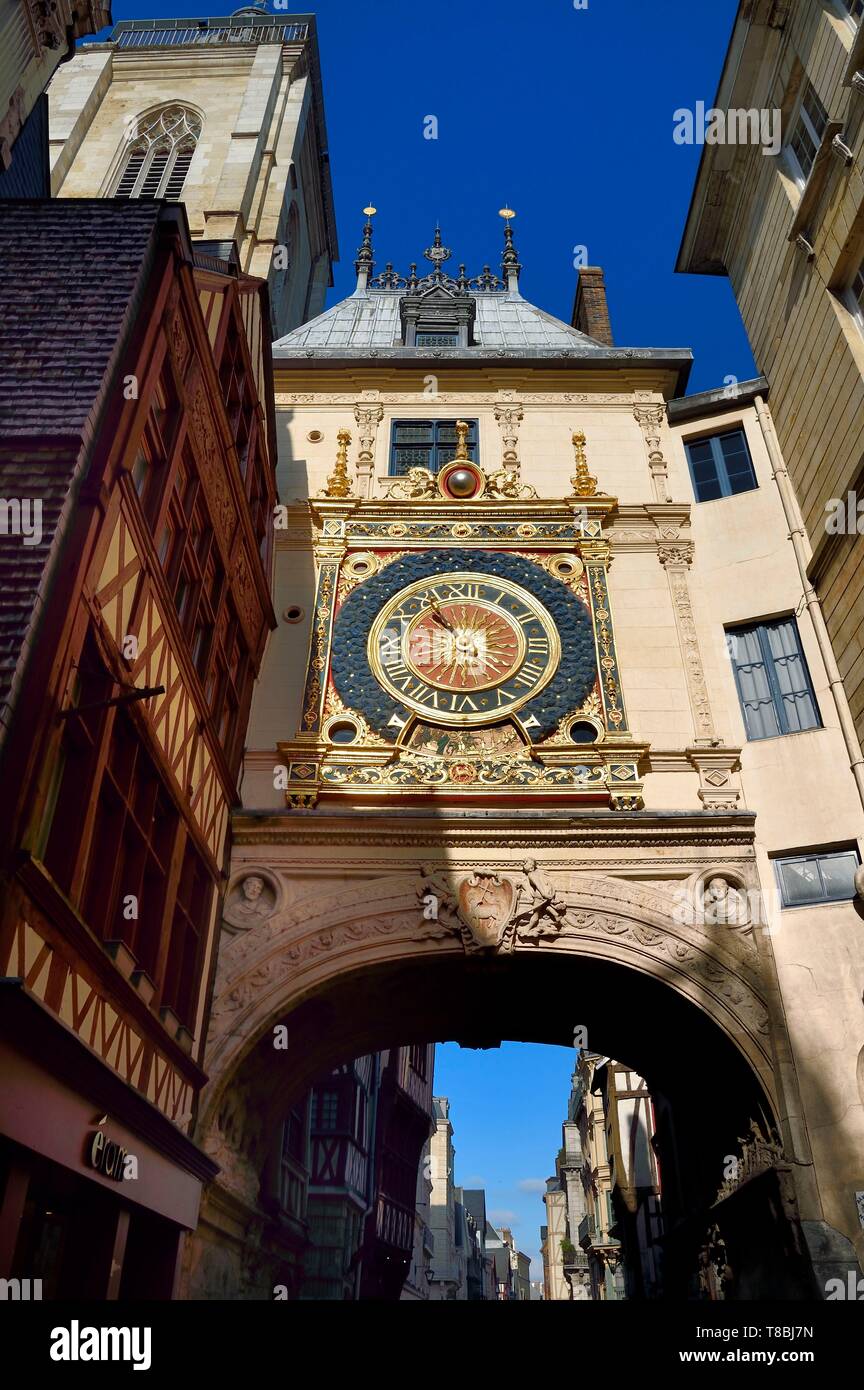 Frankreich, Seine-Maritime, Rouen, der Gros Horloge ist eine astronomische Uhr aus dem 16. Jahrhundert Stockfoto