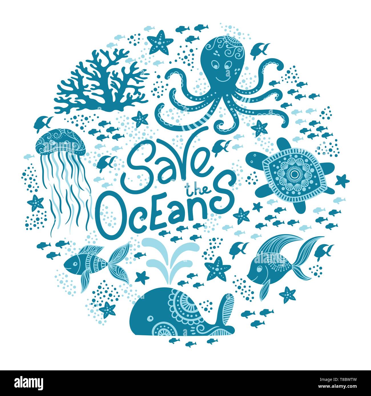 Speichern Sie die ocean Hand gezeichnet Schriftzug und Unterwasser Tiere. Quallen, Wale, Octopus, Seesterne und Schildkröten. Vector Illustration in doodle Stil. Ozean Konzept Schützen Stock Vektor