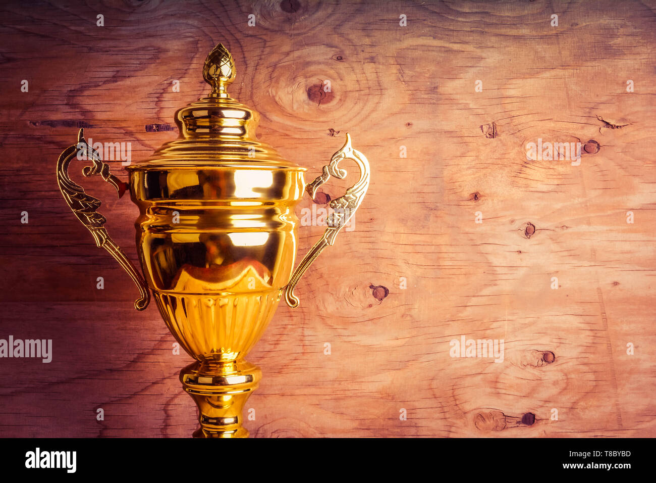 Leere Gold Cup Trophäe gegen die hölzernen Hintergrund Stockfoto