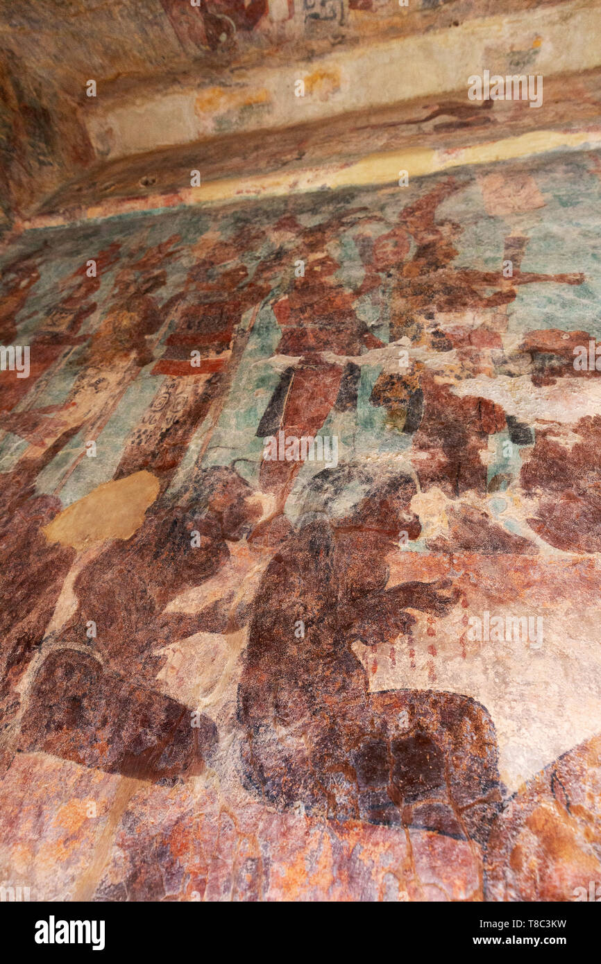 - Maya Maya Wandmalereien Wandmalereien im Tempel der Wandmalereien Zimmer 2, zeigt einen Kampf und Kriegsgefangenen; Bonampak Mayan site, Yucatan, Mexiko Stockfoto