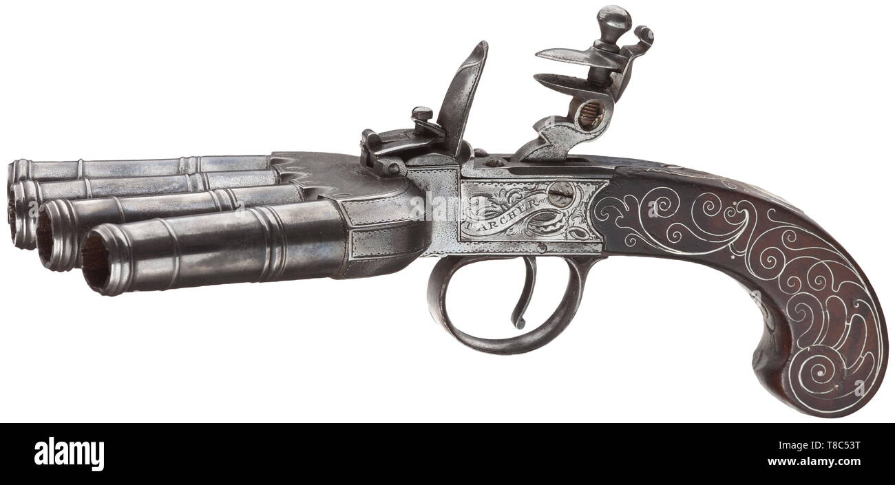 Ein paar Englische ente Fuß flintlock Pistolen mit vier Fässer einige Teile  aus der Zeit um 1800. Mit jeweils vier abschraubbaren Fässer in der Form  eines Lüfters in 11,5 mm Kaliber angeordnet,