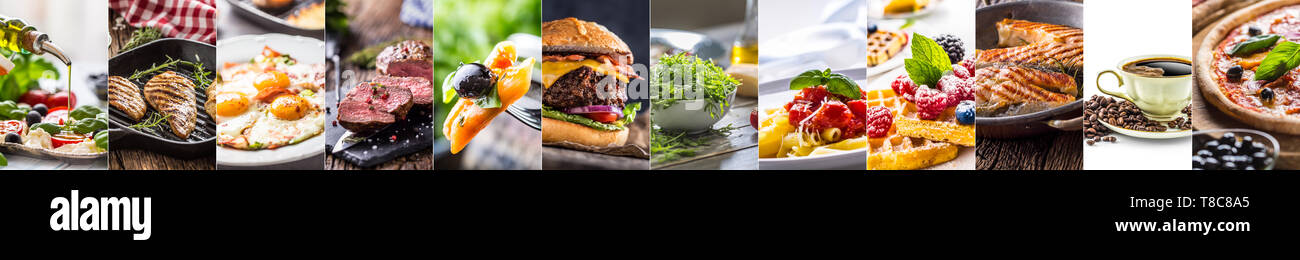 Collage aus verschiedenen Essen - Salat pizza Burger Steak pasta/Eiern und Waffeln. Stockfoto