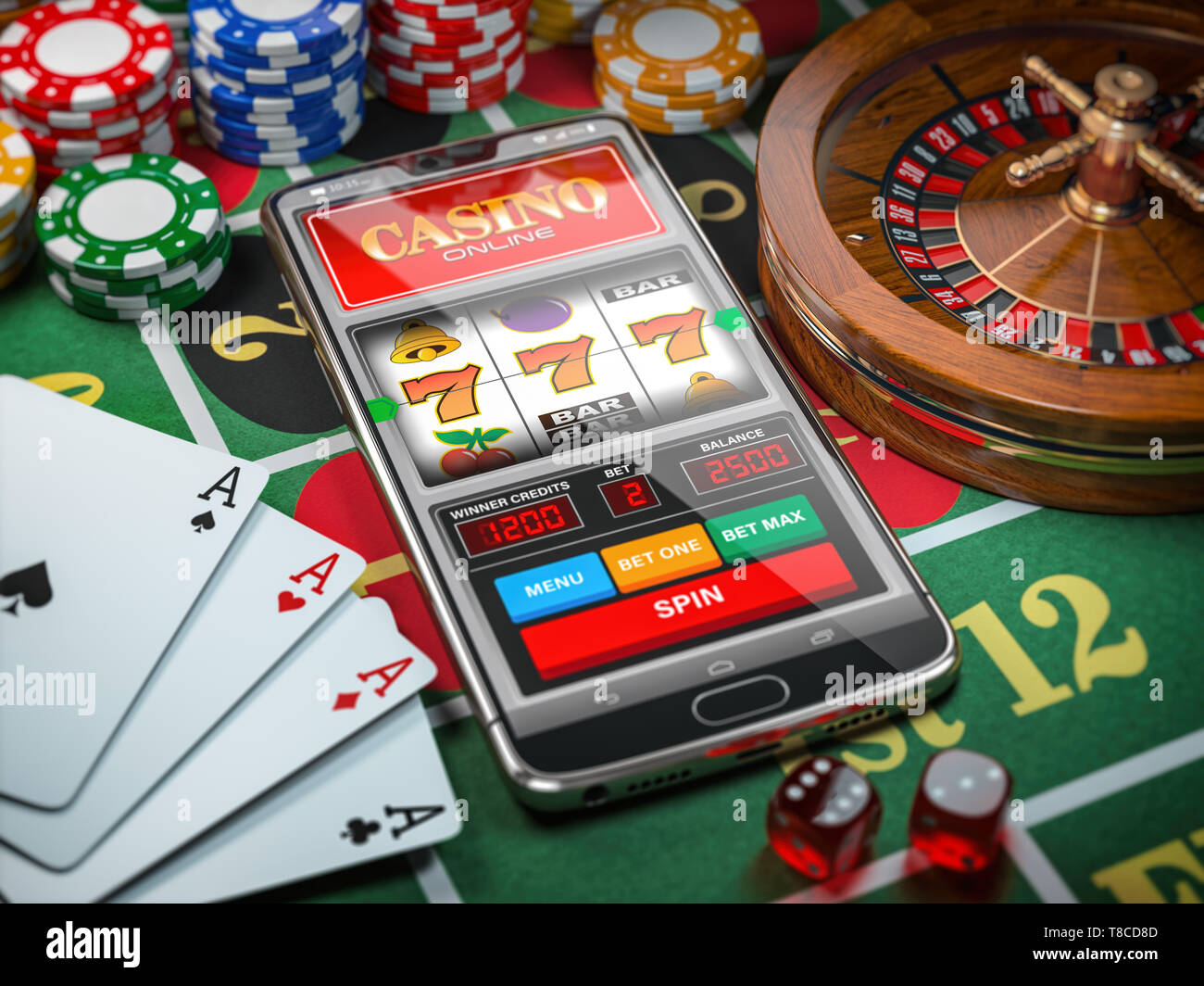 Casino online. Smartphone oder Handy, slot machine, Würfel, Karten und  Roulette am grünen Tisch im Casino. 3D-Darstellung Stockfotografie - Alamy