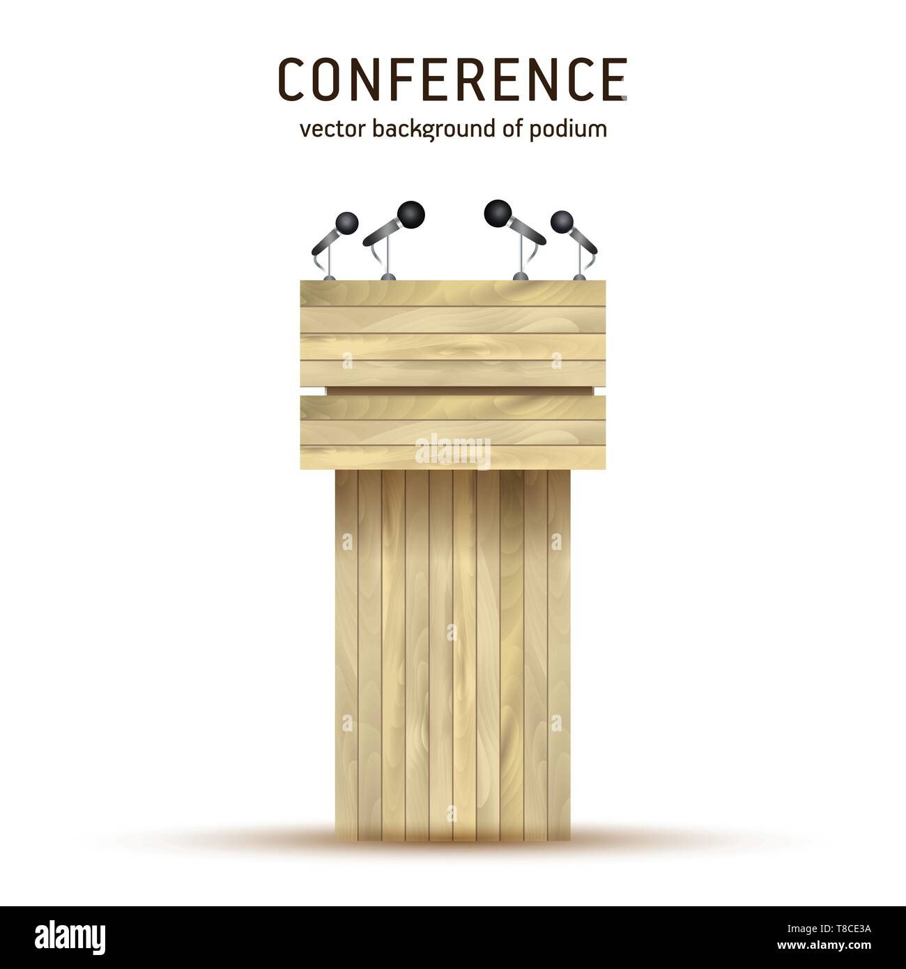 Podium Tribüne Vektor von Holz. Debatte Podium Rednerpult mit Mikrofonen stehen. Business Präsentation oder Konferenz, Rede isoliert Abbildung Stock Vektor