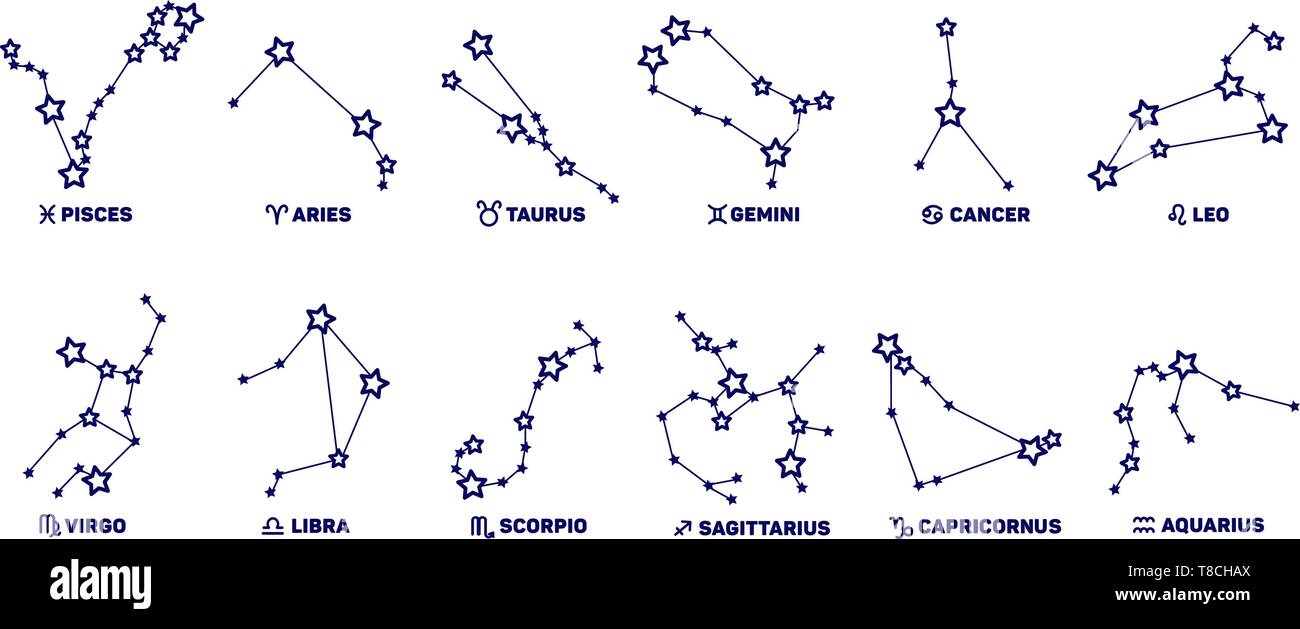 Vektor einrichten von Sternzeichen, Sterne, Sternbilder blaue Farbe auf weißem Hintergrund. Logo, Tattoo oder Illustration. Astrologische Prognose, Horoskop Stock Vektor