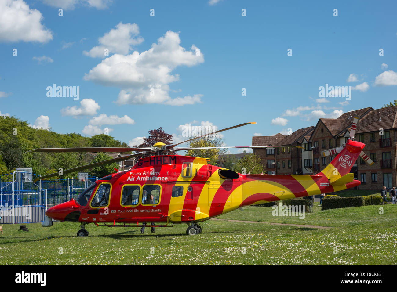 Eine Essex & Herts Air Ambulance helicopter Landung in Hertford, Großbritannien. Der Hubschrauber landete in Perrett Gärten. Stockfoto