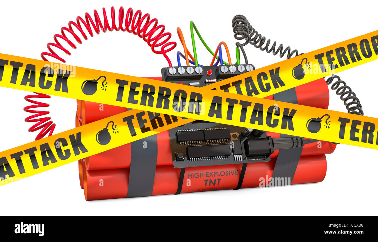 TNT-Bombe explosive mit digitaler Countdown Timer Wecker und Gefahr Vorsicht barrier Tapes, 3D-Rendering auf weißem Hintergrund Stockfoto