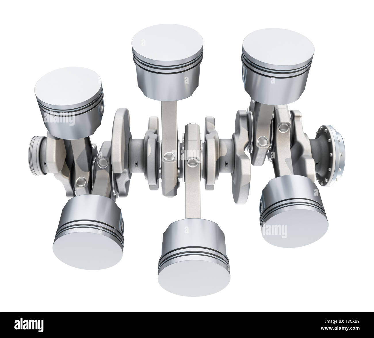 V6-Motor Kolben, Ansicht von oben. 3D-Rendering auf weißem Hintergrund Stockfoto
