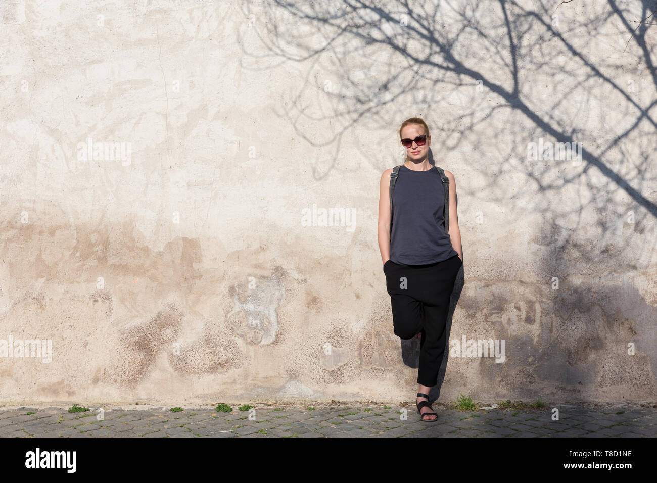 Grafische und texturierte artisic Bild der modernen Trendy modische Frau mit Sonnenbrille gegen alte Texturierte retro Wand mit Baum Schatten schiefen Stockfoto
