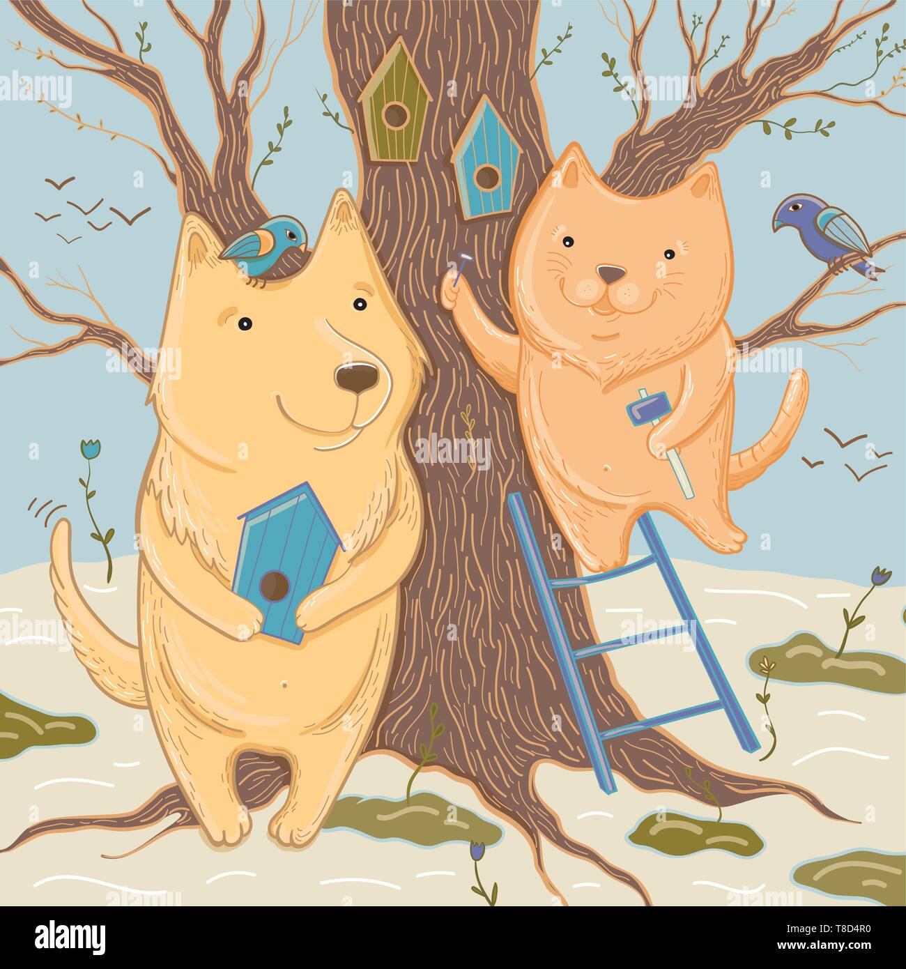 Vector Illustration mit niedlichen Hund und Katze, birdhouses. Der Frühling kommt! Vorlage für die Grußkarte. Stock Vektor