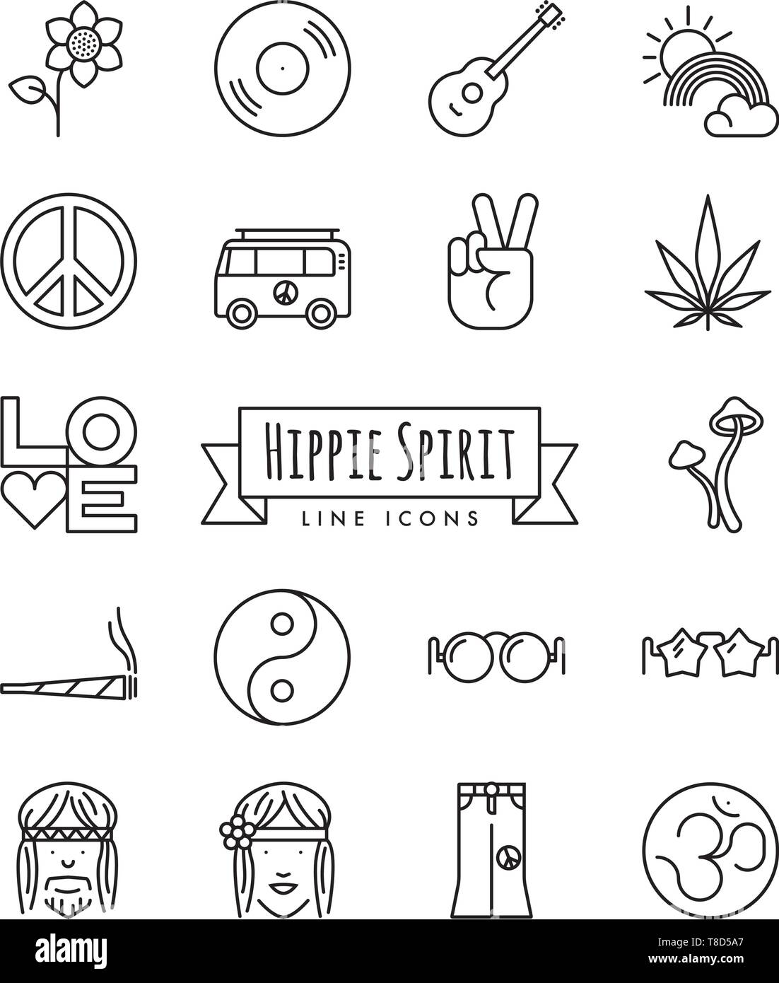Hippie Geist Zeile für Symbole gesetzt. Sammlung von Hippie Lifestyle und Accessoires Symbole Vector Illustration. Stock Vektor