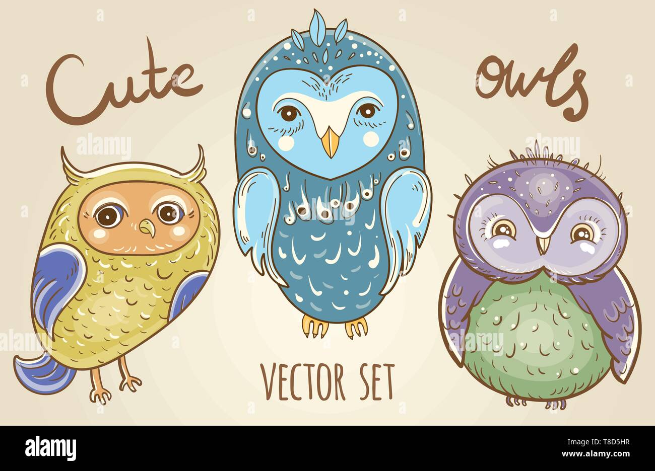 Cartoon set mit niedlichen Eulen. Vektor handgezeichnete Abbildung Stock Vektor