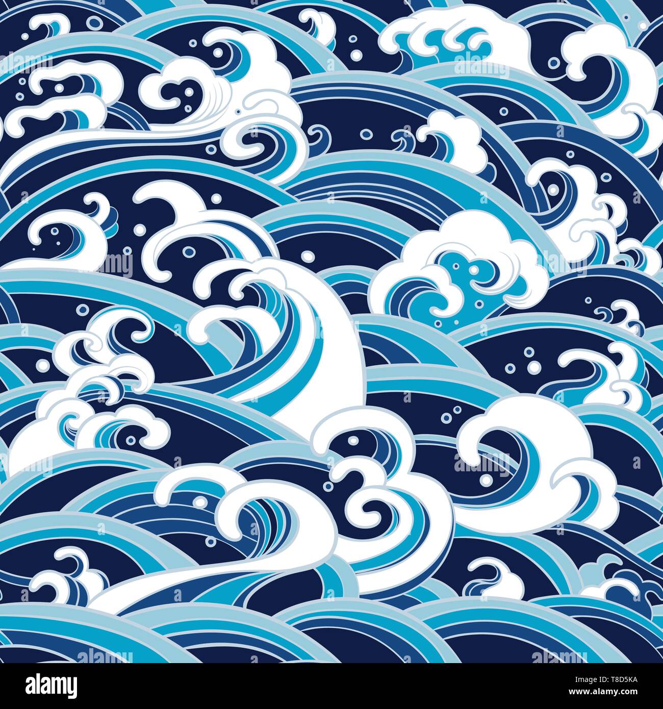 Traditionelle östliche nahtlose Muster mit Wellen von Wasser, Schaum, Spritzer. Vektor Meer Hintergrund Stock Vektor