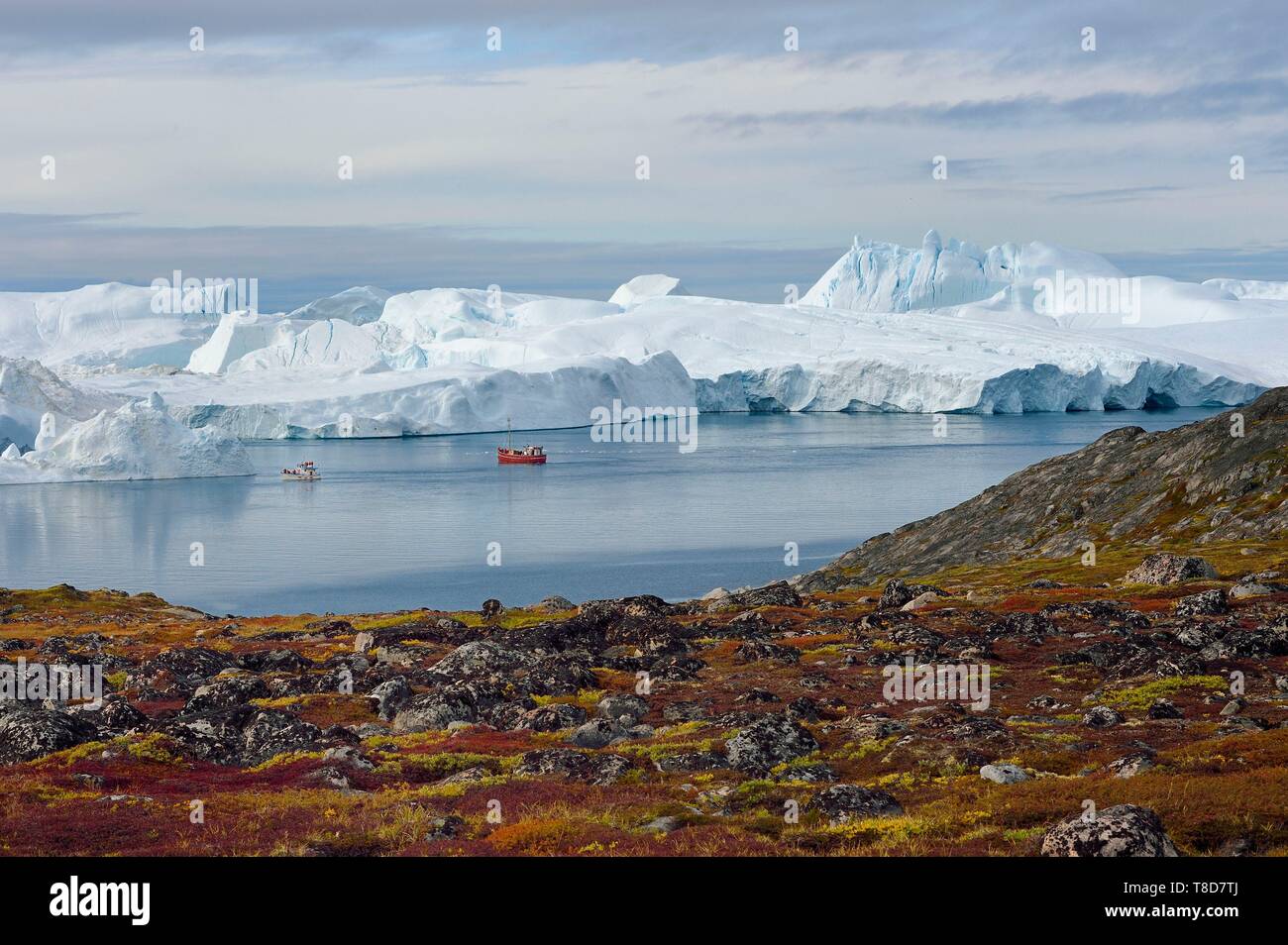 Grönland, Westküste, Diskobucht, Ilulissat Icefjord als Weltkulturerbe von der UNESCO, ist der Mund der Sermeq Kujalleq Jakobshavn Gletscher (Gletscher), Wanderung auf der Website von Sermermiut und Fischerboot am Fuße der Eisberge aufgeführt Stockfoto